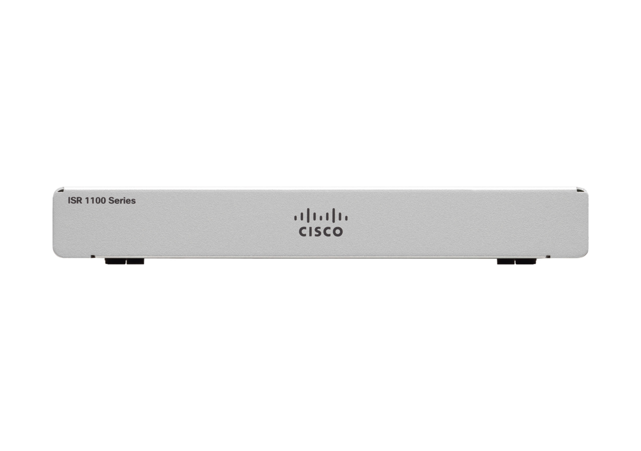 Srebrny router Cisco ISR 1100 Series, widok z góry, na białym tle.