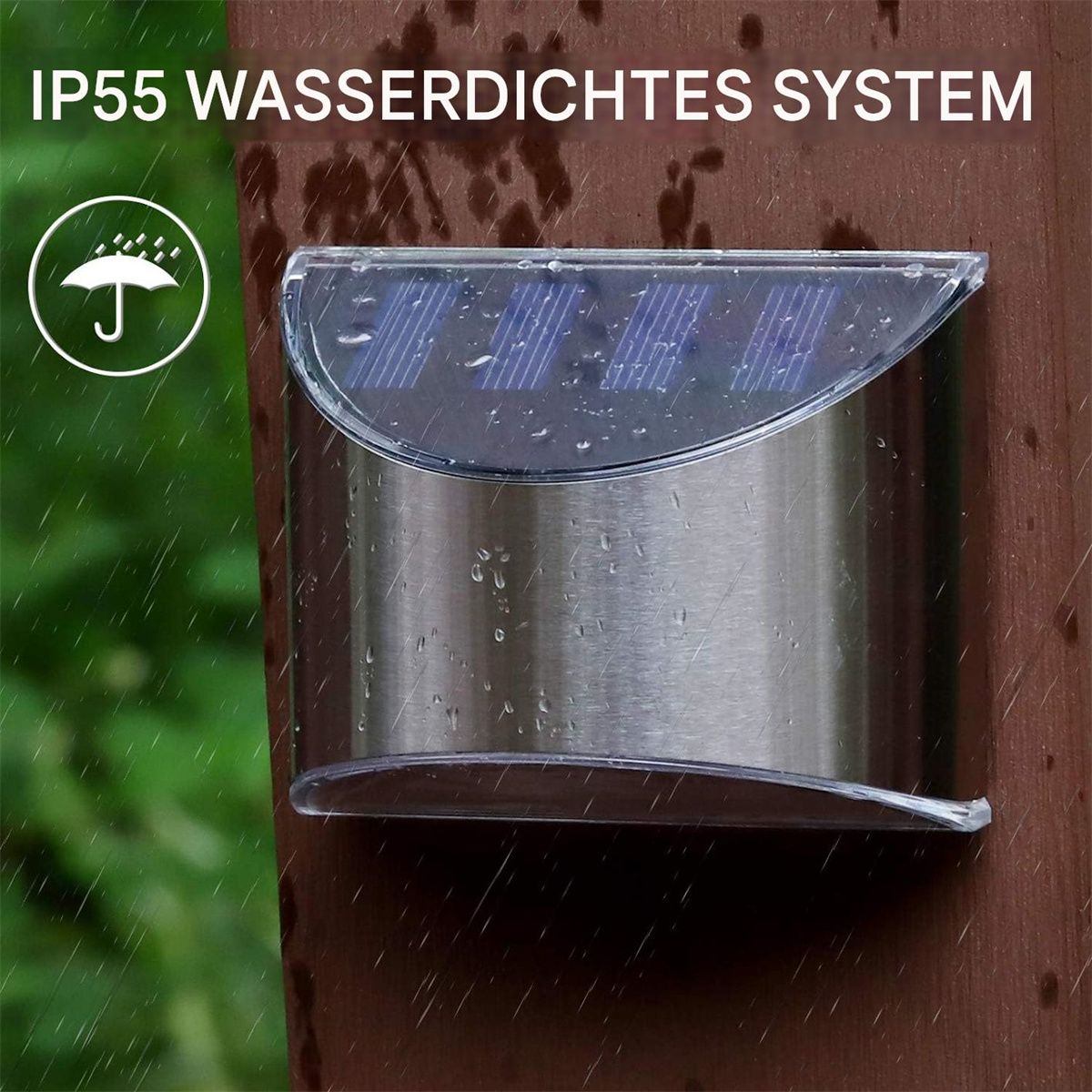 Edelstahl-Außenleuchte mit Solarpanelen. Text: IP55 wasserdichtes System. Grüner Blätterhintergrund.