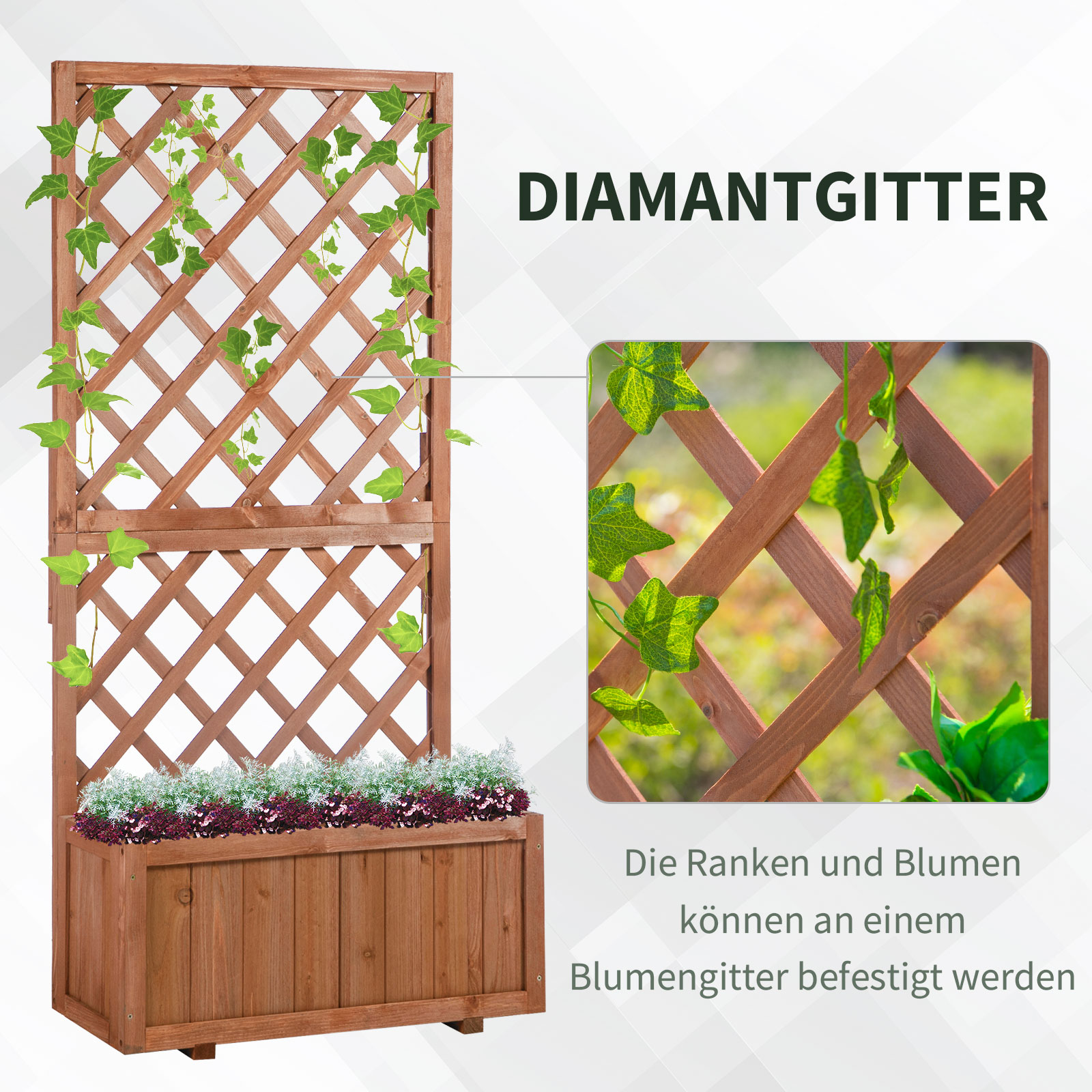 Holzgitter mit Pflanzkasten, verziert mit grünen Ranken.