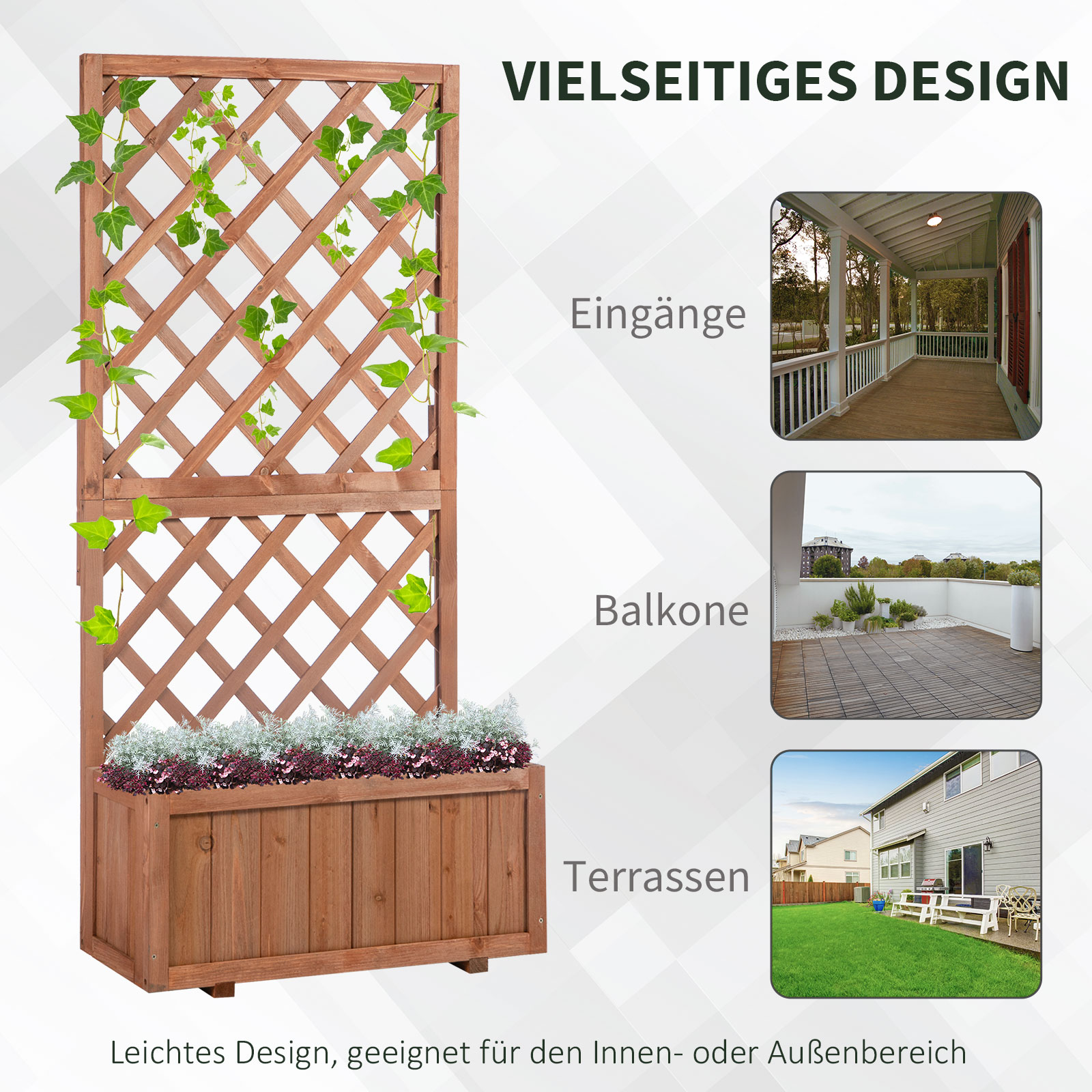 Holzpflanzer mit Rankgitter, grünen Ranken und Blumen, mit Anwendungsbeispielen. Weißer Hintergrund.