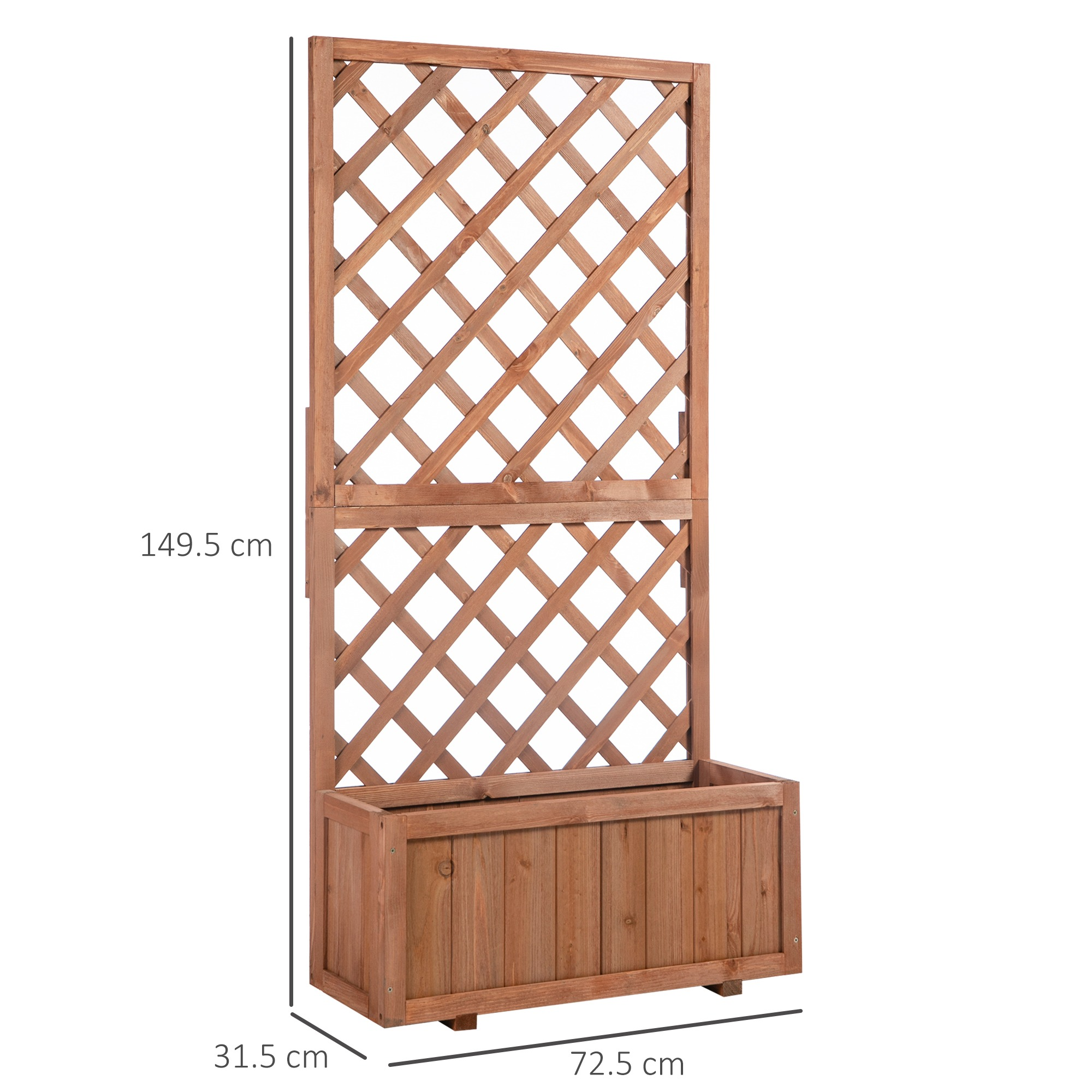 Holzpflanzer mit Gitter. Abmessungen: 72,5x31,5x149,5 cm. Braune Farbe.