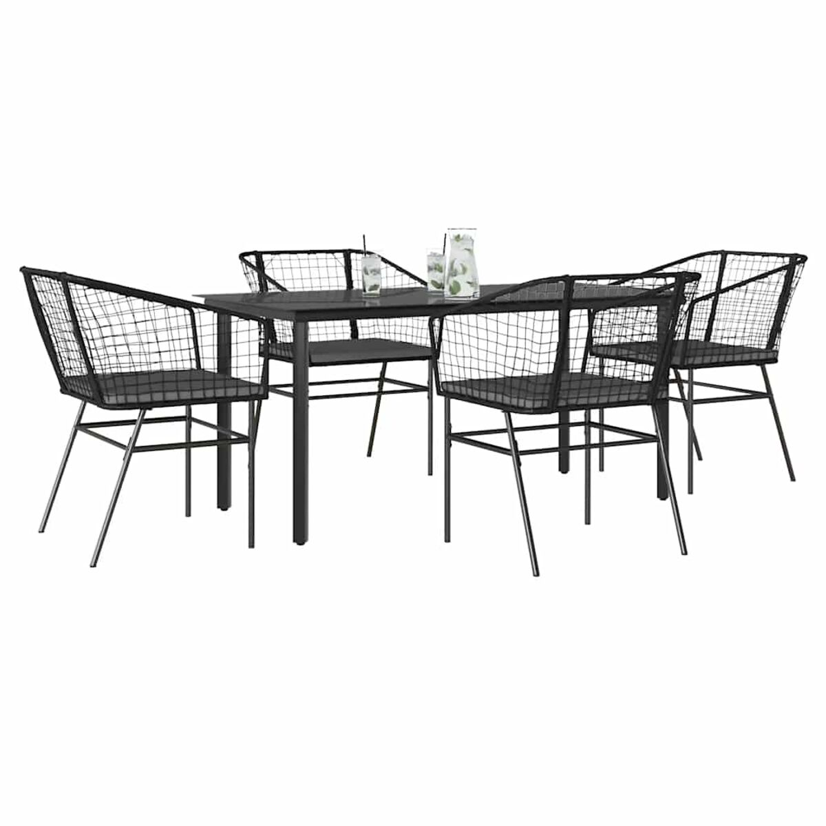 Satz Outdoor-Stühle und ein Tisch. Schwarze Metallrahmen mit weißem Hintergrund.