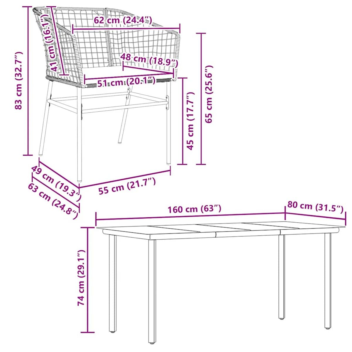 Diagramm eines Stuhls und Tisches im Freien mit Abmessungen. Stuhl ist rattanartig. Tisch hat schwarze Beine und eine Platte.