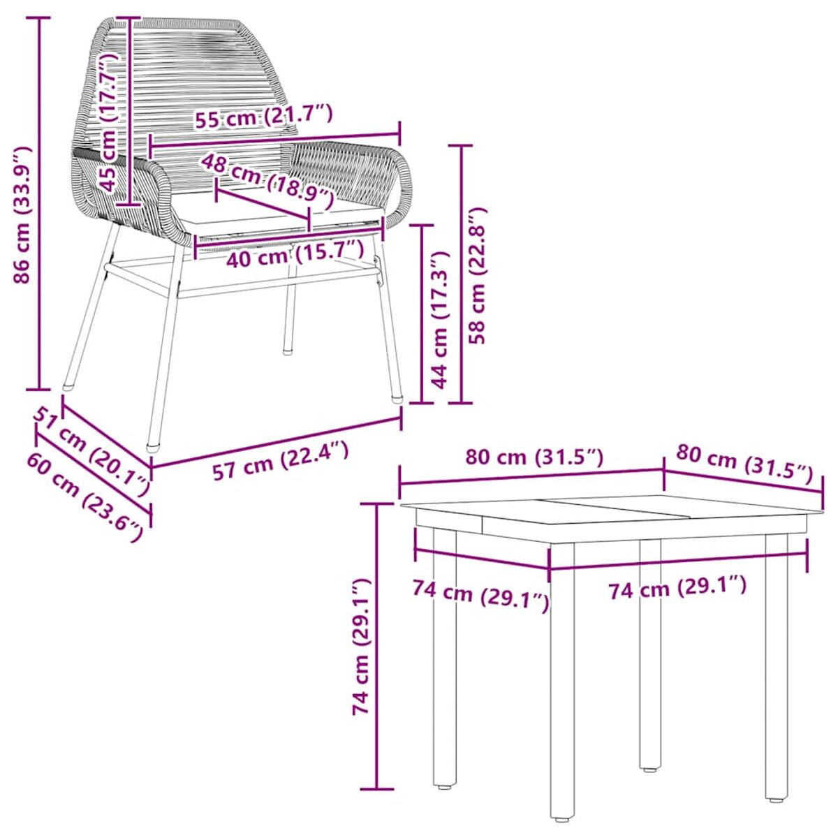 Diagramma sedia e tavolo. Mostra misure e dimensioni. Sedia intrecciata, con un cuscino.