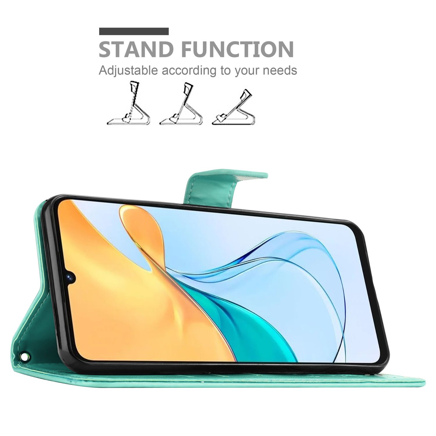 Eine Handyhülle mit einem Telefon darin und Symbolen für die Standfunktion.