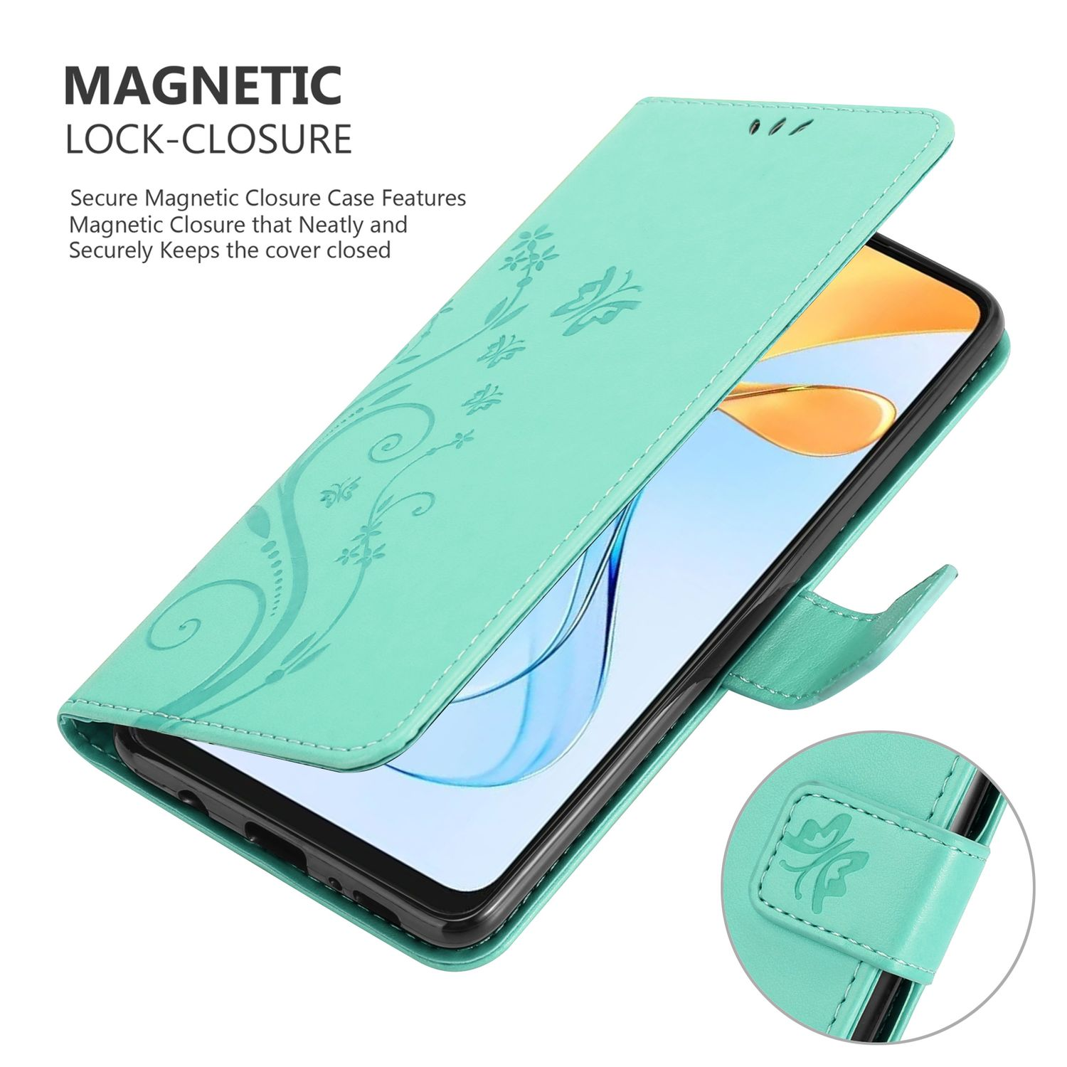 Eine türkisfarbene Handyhülle mit Magnetverschluss, geöffnet, um ein Telefon im Inneren zu zeigen, mit floralen Details.