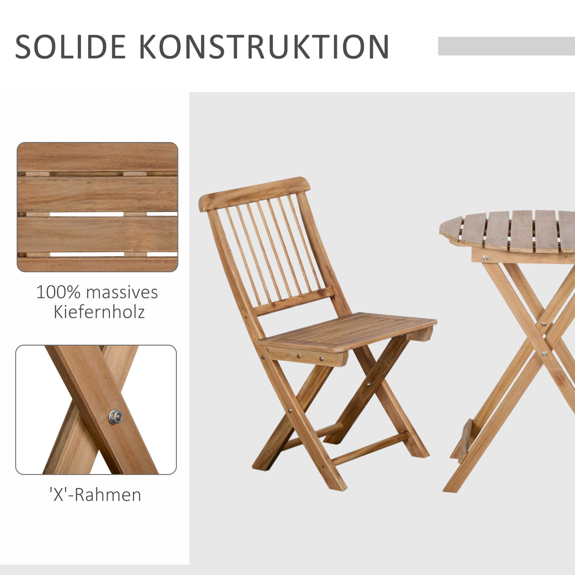 Holz-Gartenstuhl und -Tisch-Set. Stuhl ist aus Holz, mit Lattenrücken. Der Tisch ist rund.