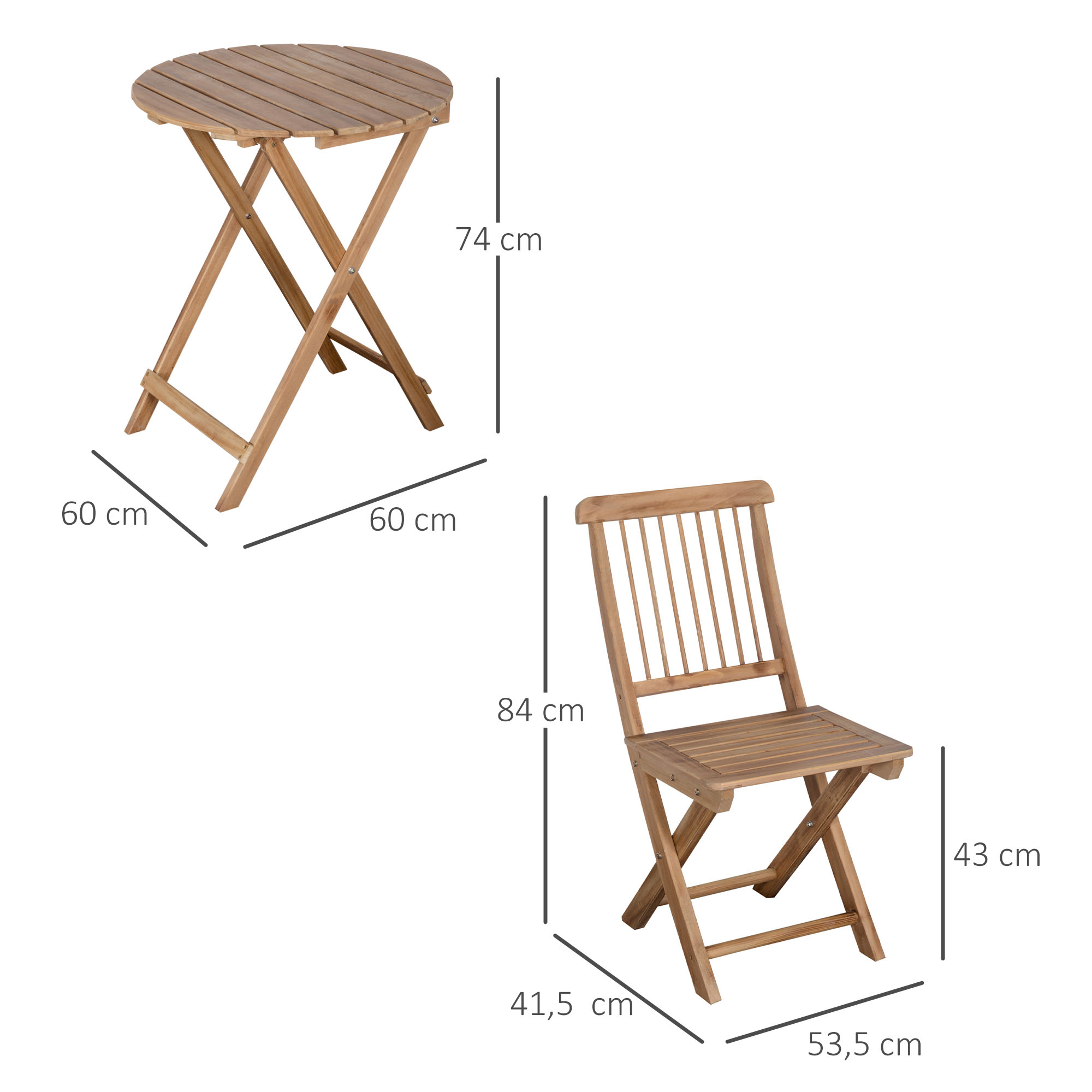 Klappbarer Tisch und Stuhl aus Holz. Der Tisch ist rund und der Stuhl hat Maße.