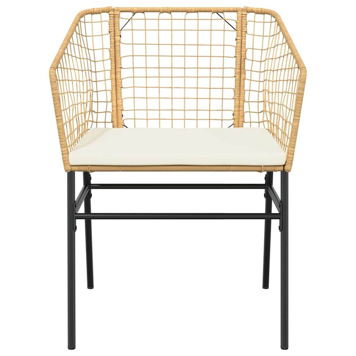 Sedia beige intrecciata. Cuscino bianco. Struttura in metallo nero.