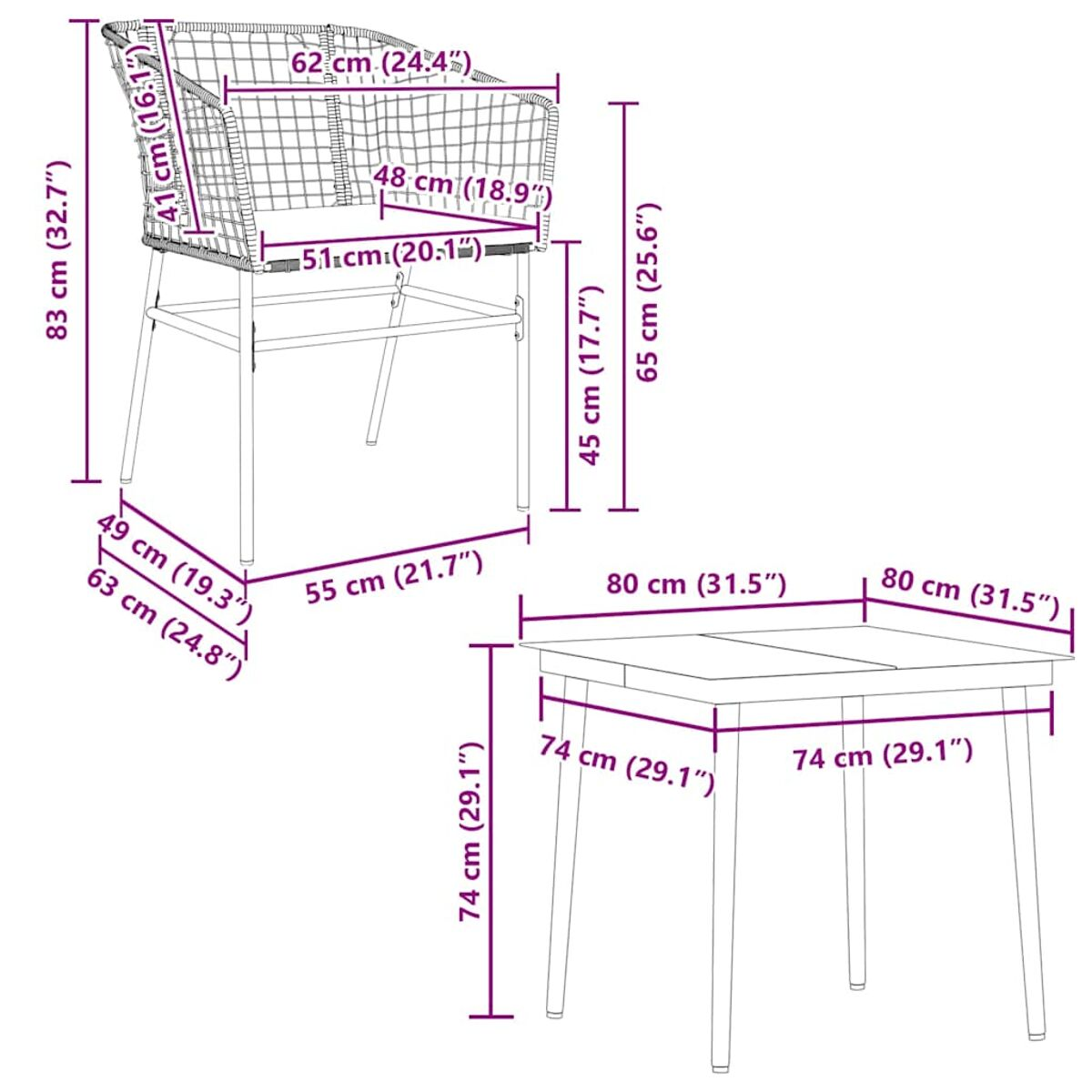 Diagramm eines Gartenstuhls und Tisches mit Abmessungen in cm und Zoll.