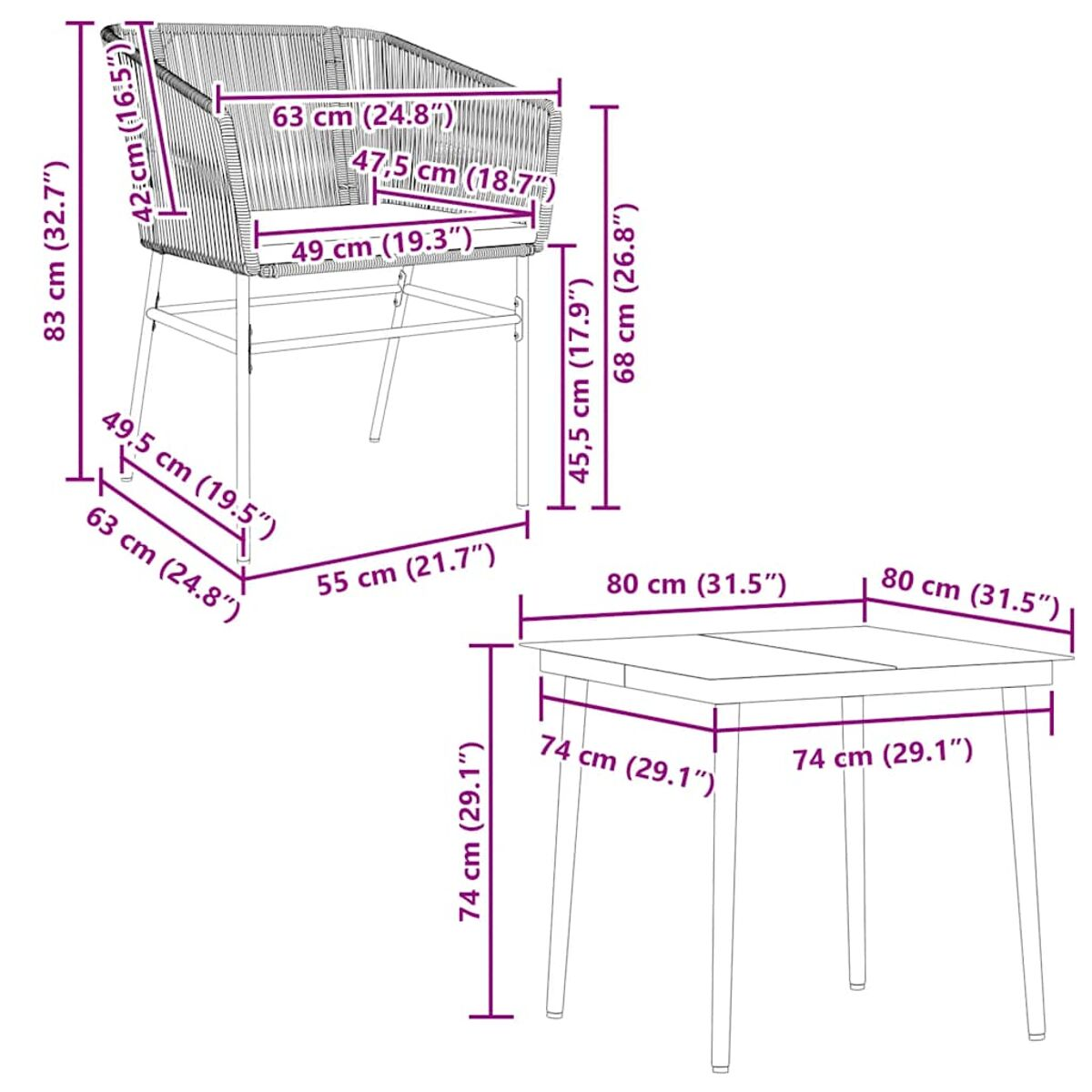 Rattan-Stuhl- und Tisch-Set mit angezeigten Abmessungen.