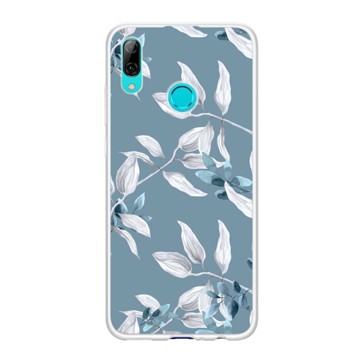 Custodia per telefono con motivo floreale blu. Foglie e rami su sfondo blu-grigio.