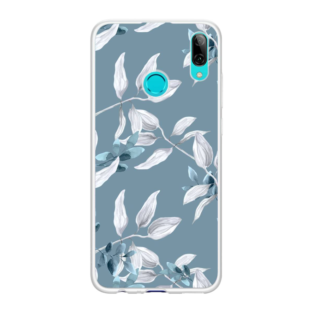 Una custodia per telefono con un design floreale in bianco e blu.