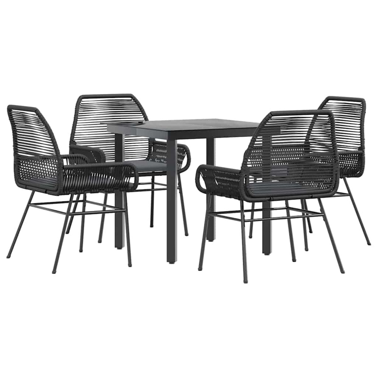 Set da pranzo nero per esterni con quattro sedie e un tavolo quadrato. Sfondo bianco.