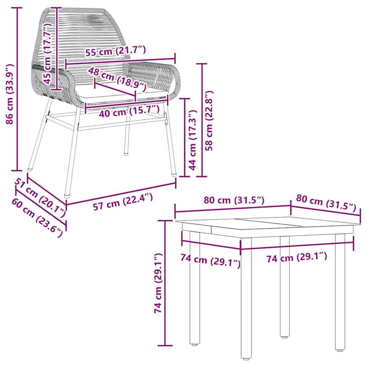 Un set di sedia e tavolo. Le dimensioni sono visualizzate in centimetri e pollici.