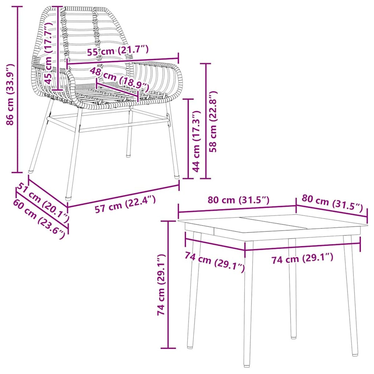 Un diagramma mostra le dimensioni di una sedia e un tavolo. Le misure sono in cm e pollici.
