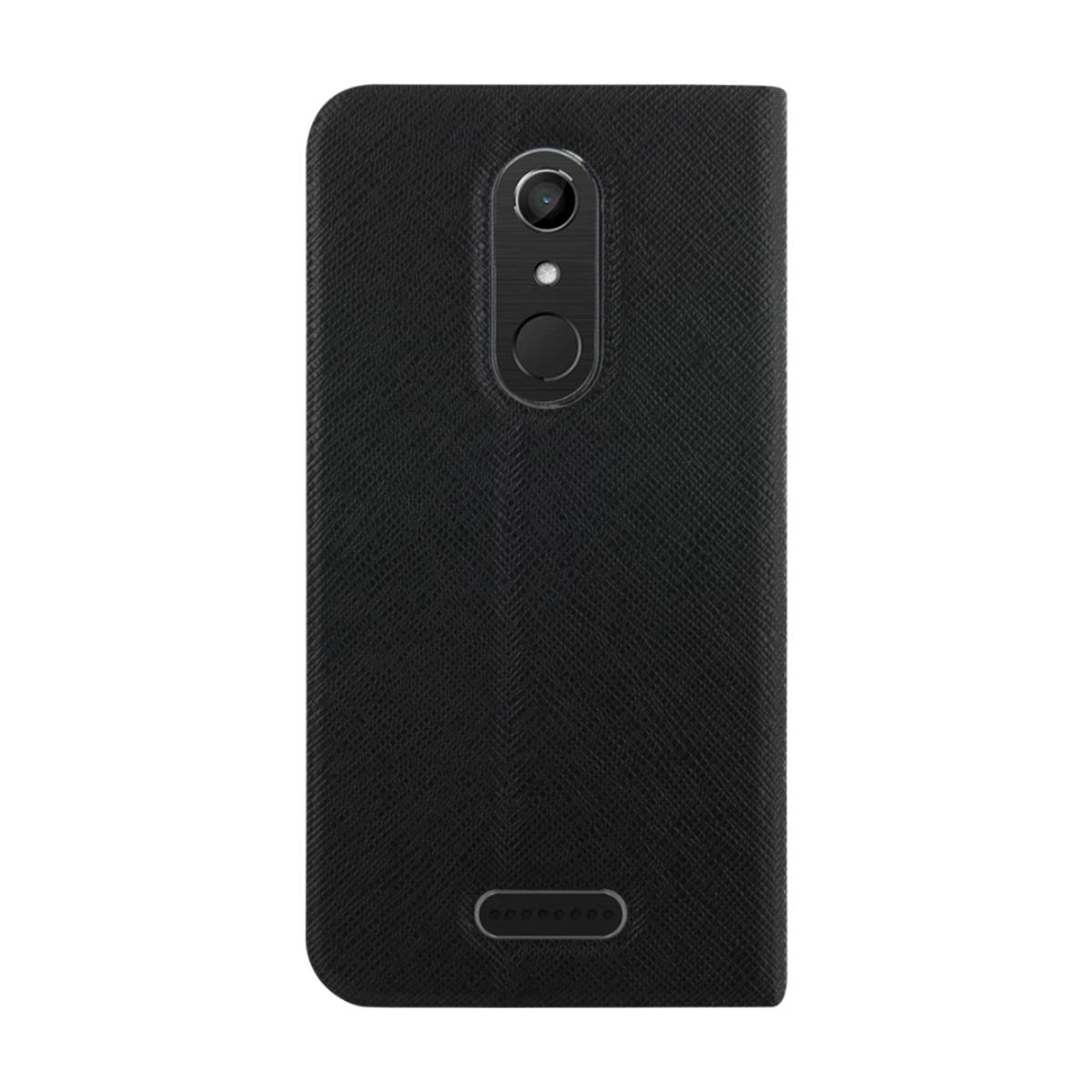 Custodia per telefono nera con foro per fotocamera. La custodia è rettangolare.