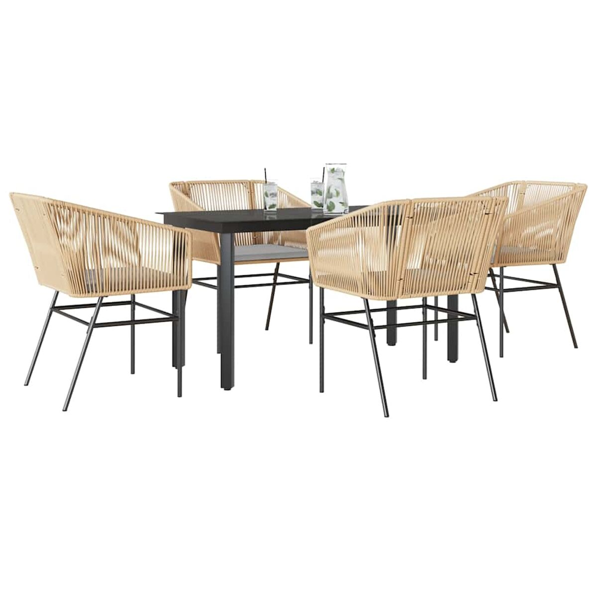 Set da pranzo per esterni con un tavolo scuro e quattro sedie beige. Le sedie hanno gambe in metallo nero.