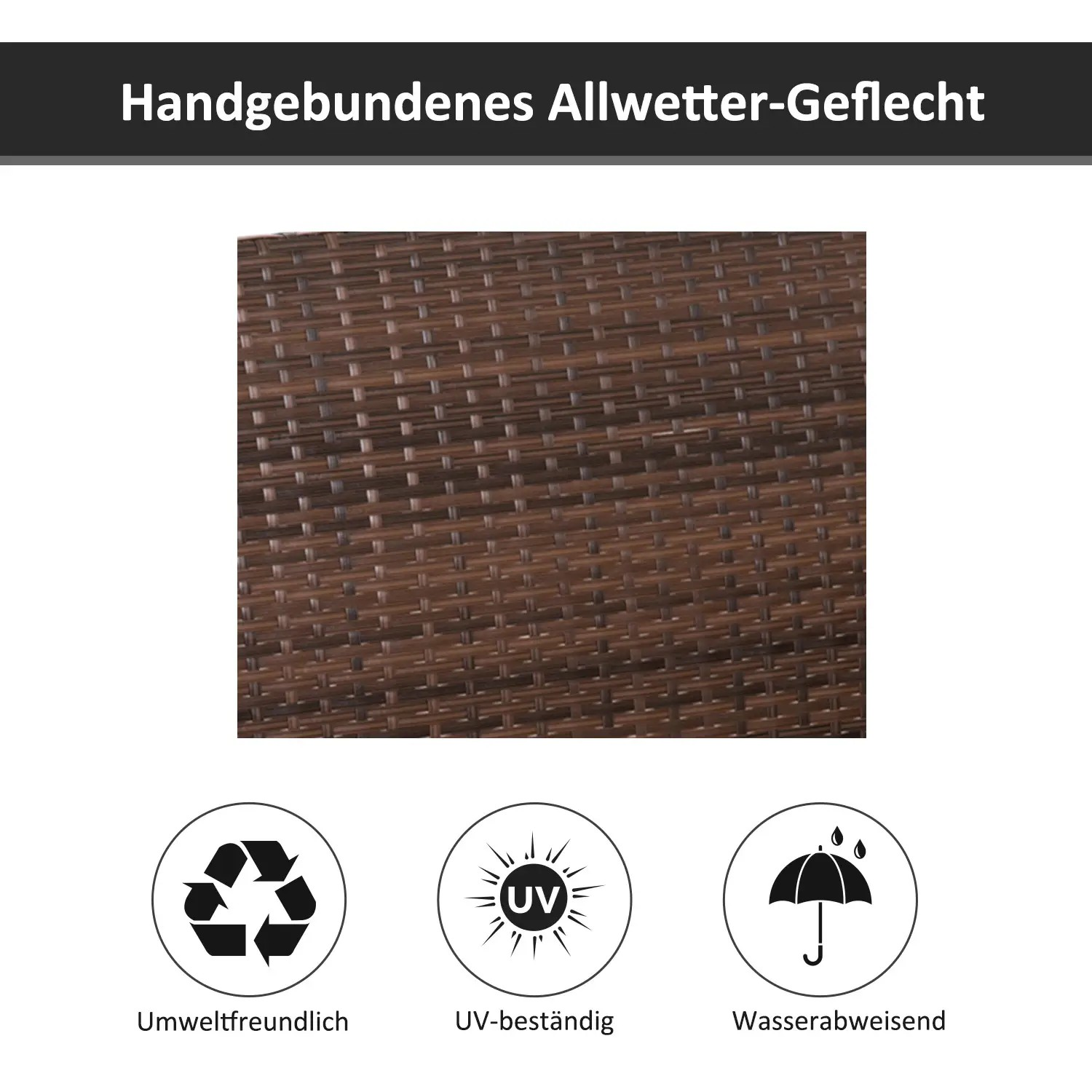 Nahaufnahme von braunem Webmaterial mit Text und Symbolen auf weißem Grund.