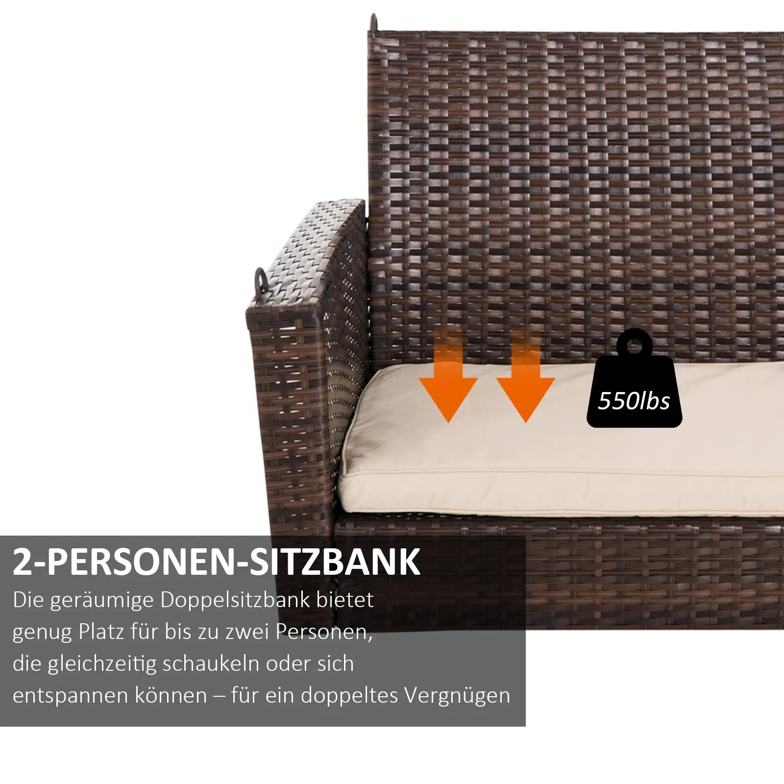 Ein braunes Korbliebesofa mit cremefarbenem Kissen, Text und einem Gewichtsschild von 550 lbs.