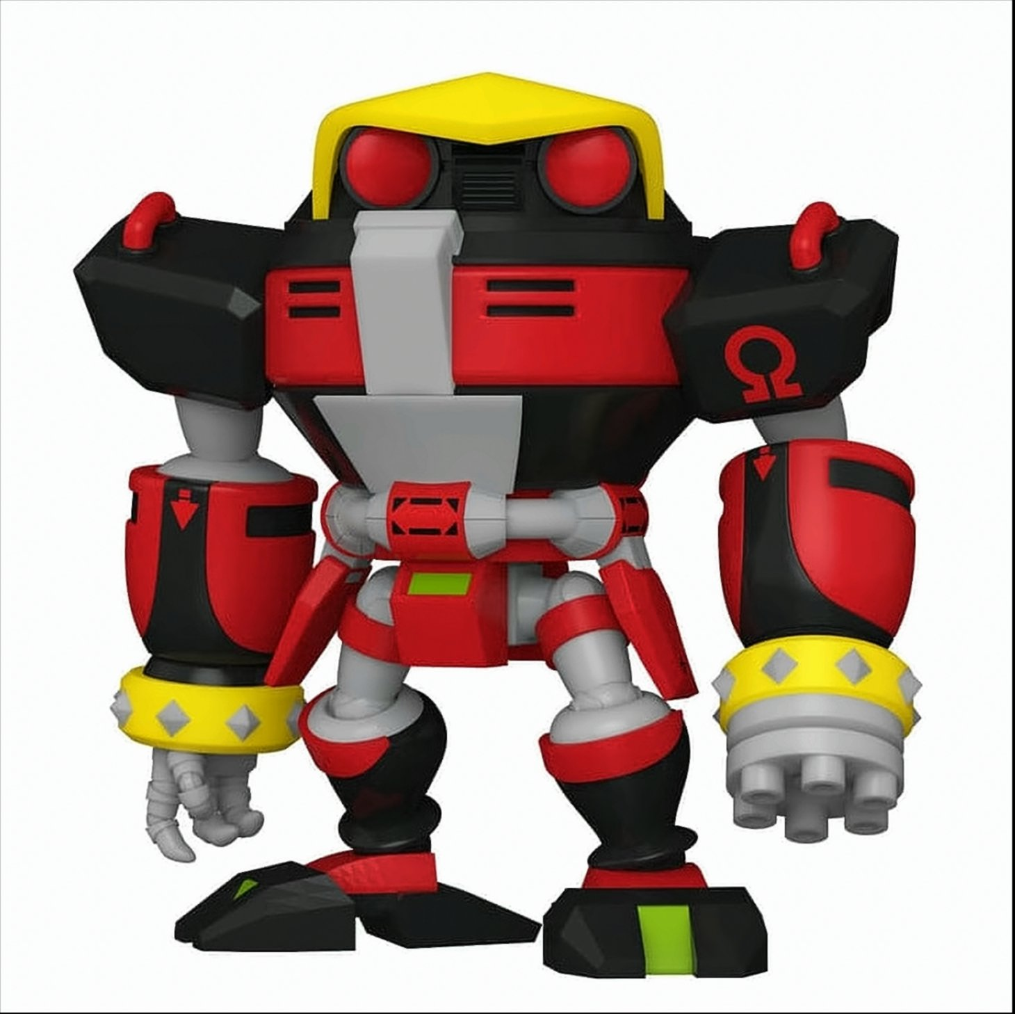Juguete robot. Principalmente rojo, negro y gris. Tiene una cabeza amarilla y armas.