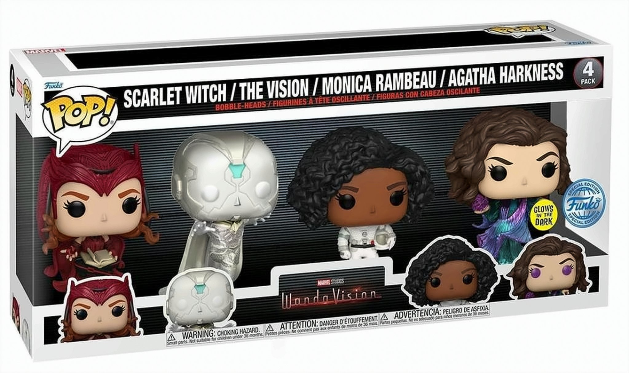 Set di scatole Funko Pop di quattro personaggi Marvel WandaVision, tra cui Scarlet Witch e Vision.
