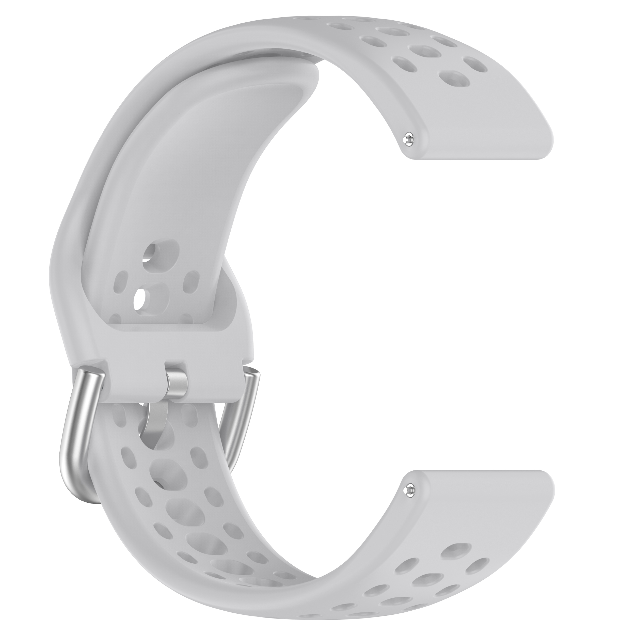 Weißes Uhrenarmband mit Löchern und Metallschnallen. Gebogenes Design.
