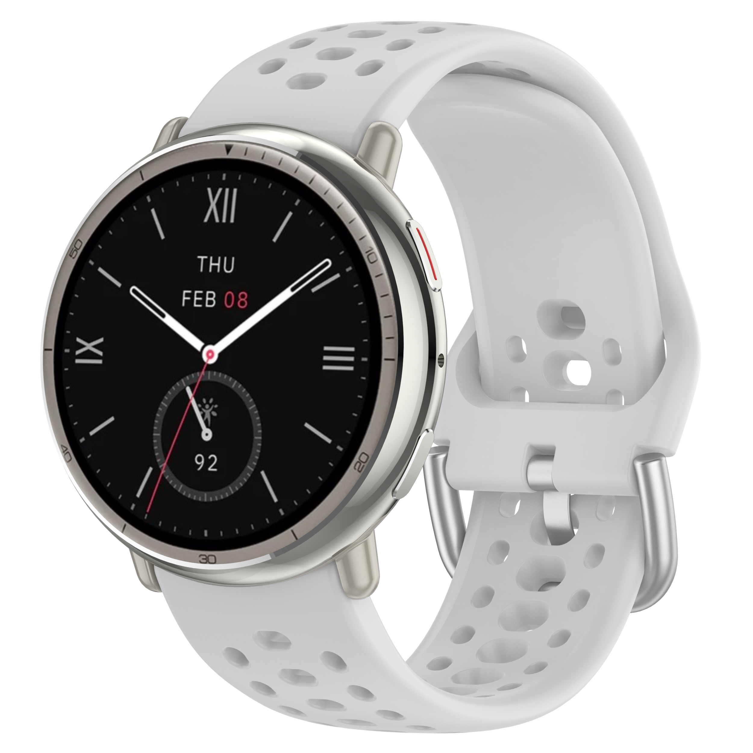 Eine weiße Smartwatch mit weißem Armband. Das Zifferblatt ist schwarz und zeigt das Datum an.