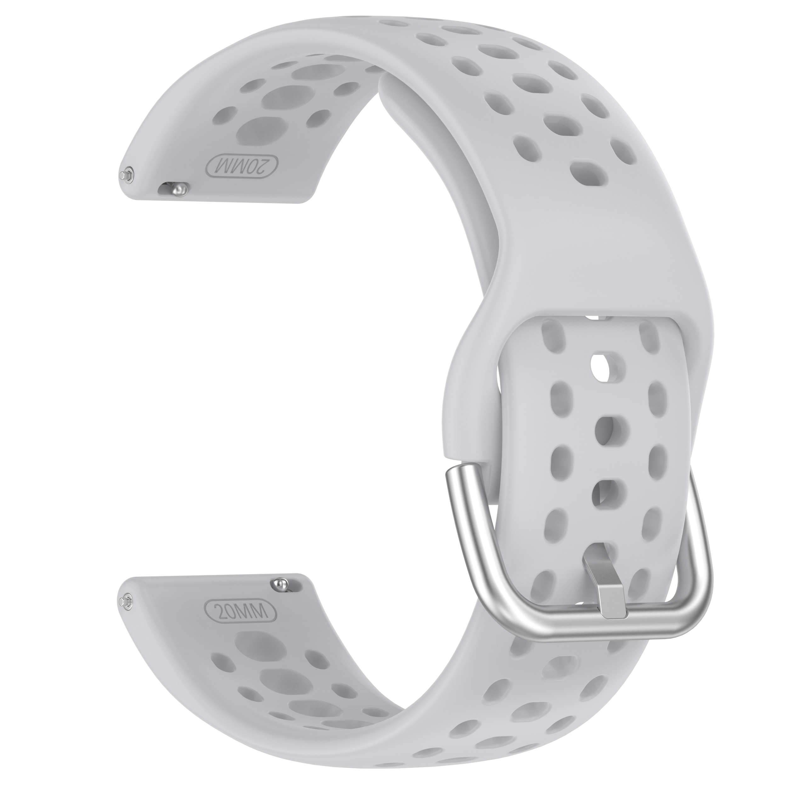 Ein weißes Uhrenarmband mit Löchern und einer silbernen Schnalle. Das Armband ist gebogen.