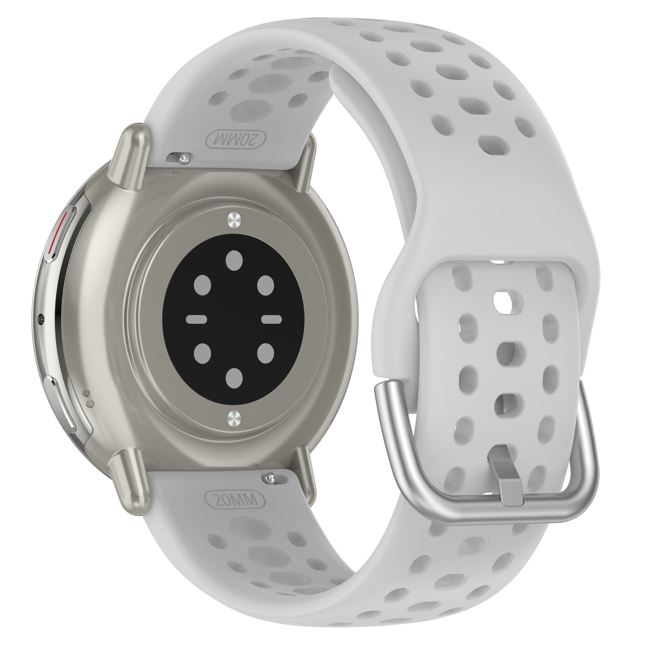 Weiß-silberne Smartwatch mit weißem Armband. Die Unterseite hat einen schwarzen Sensor und zwei Knöpfe.