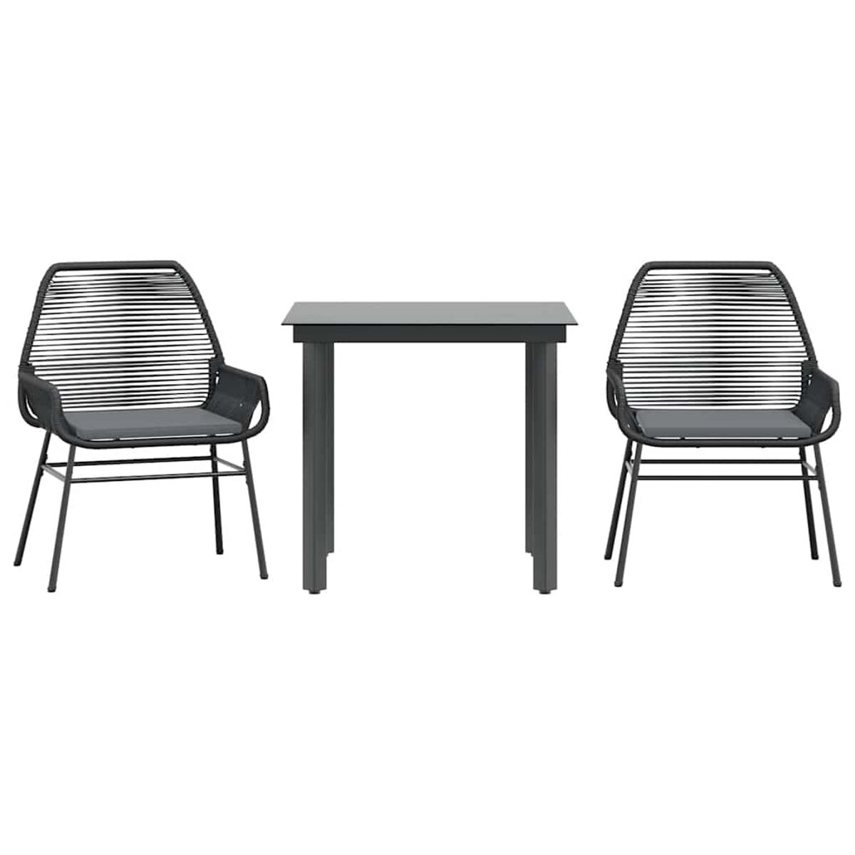 Set da pranzo per esterni con due sedie e un tavolo. Il set è realizzato in materiale nero.