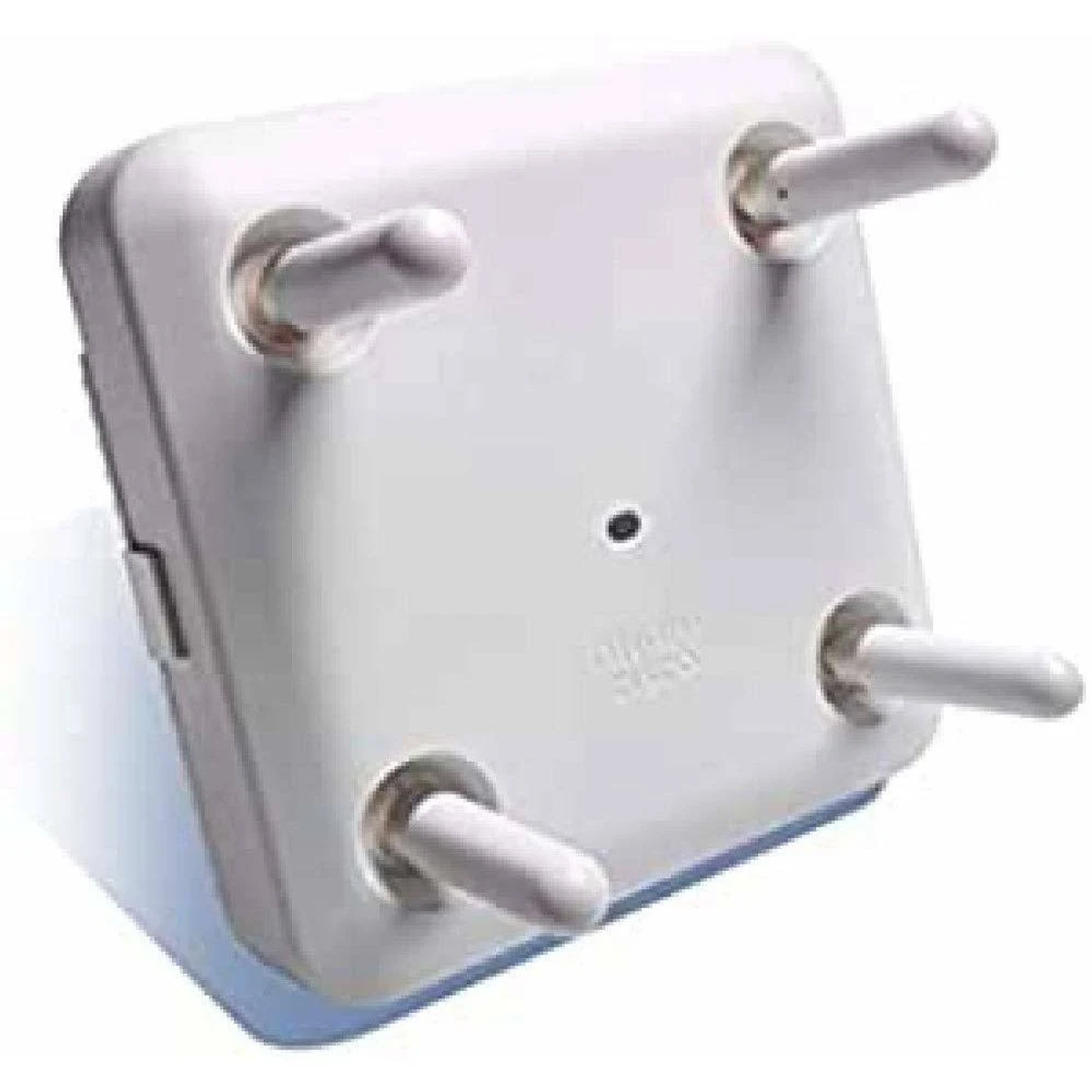 Weißer Access Point mit vier Antennen. Er hat eine quadratische Form mit abgerundeten Ecken und einem dunklen Schatten.