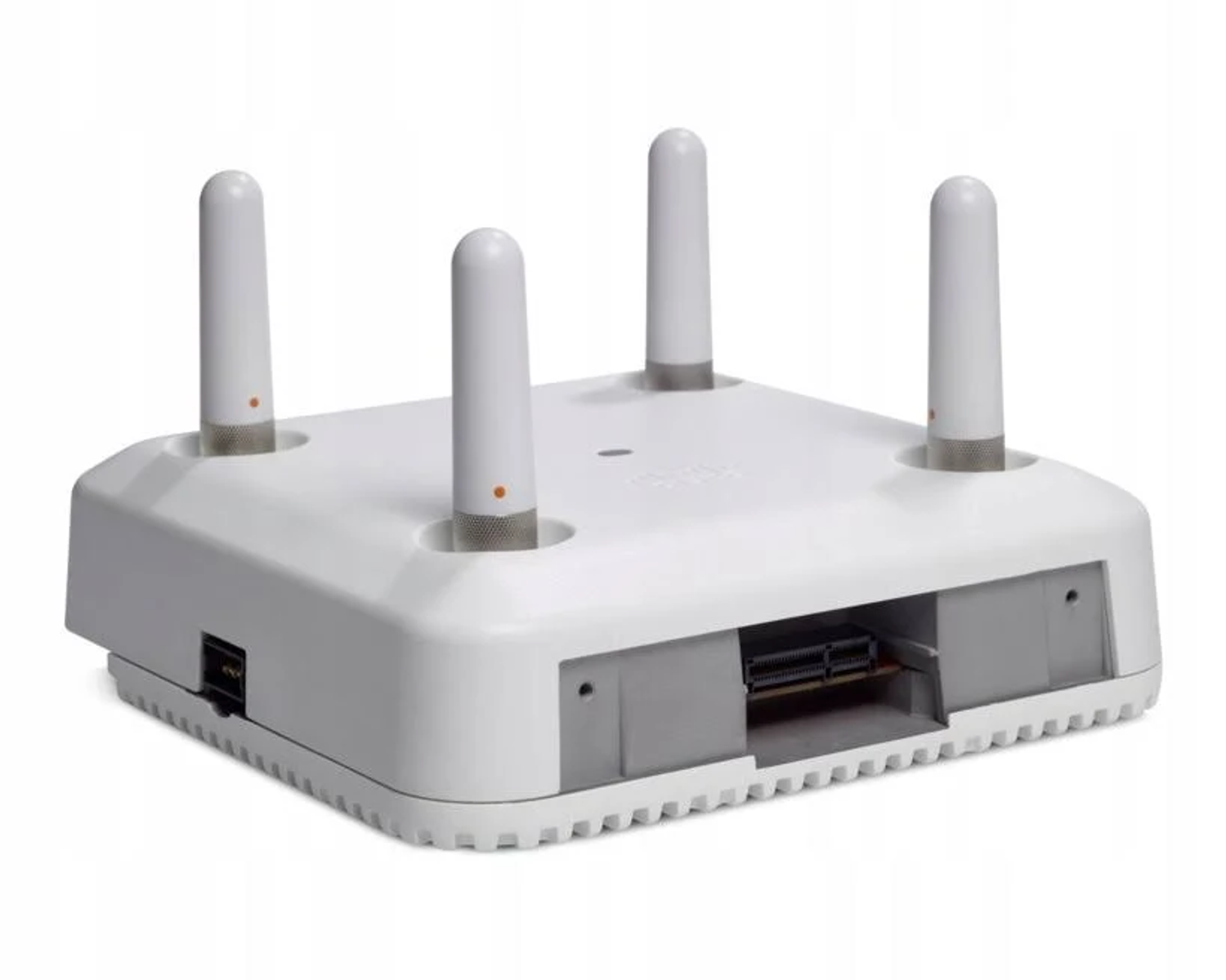 Weißer Router mit vier Antennen und einem offenen Bereich, der interne Komponenten zeigt.