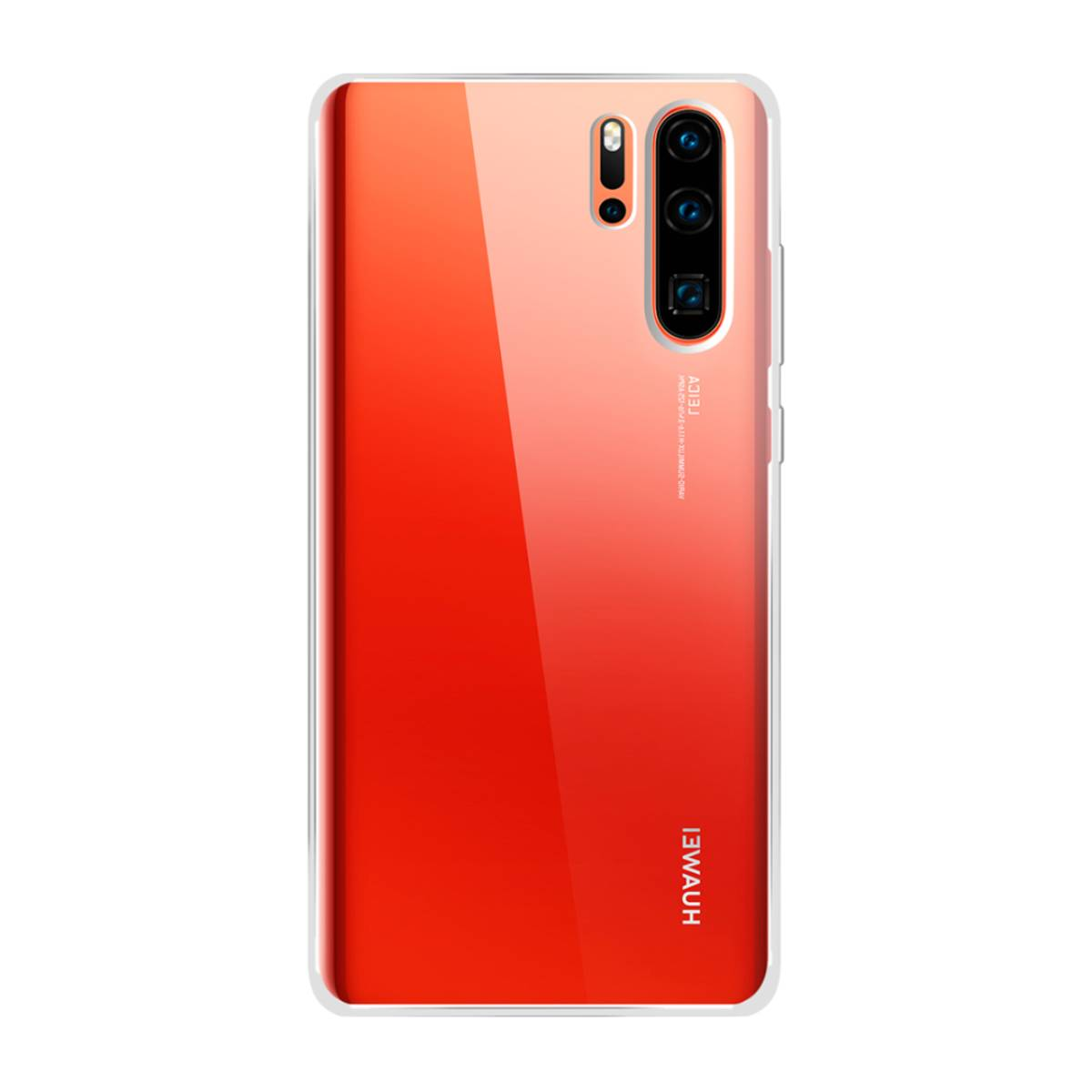 Una custodia per smartphone con sfumatura rosso-arancio, un modulo fotocamera e il marchio 'HUAWEI'.