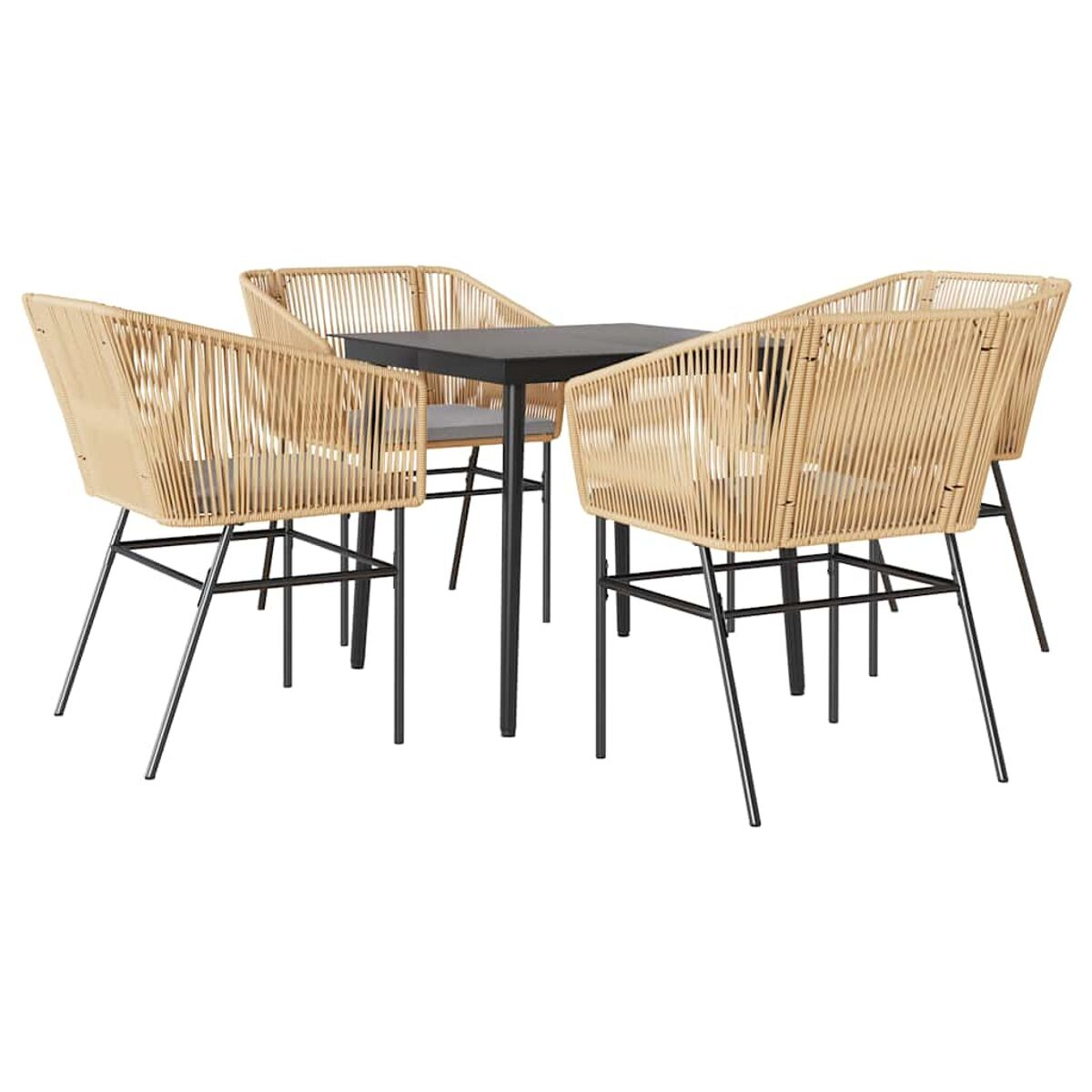 Tavolo in metallo nero e quattro sedie con sedili beige intrecciati. Le sedie hanno gambe in metallo nero.