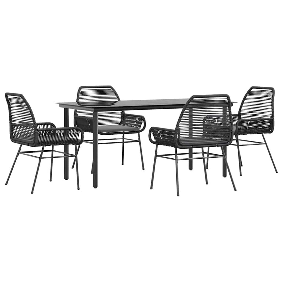 Set da pranzo nero per esterni con quattro sedie e un tavolo rettangolare. Sfondo bianco.