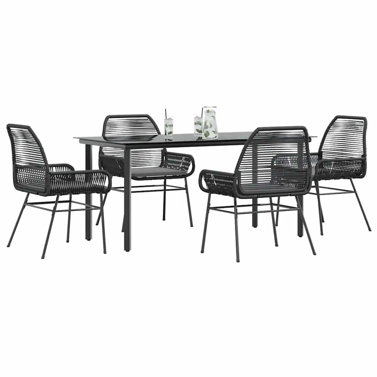 Set da pranzo da esterno con tavolo nero e quattro sedie nere.
