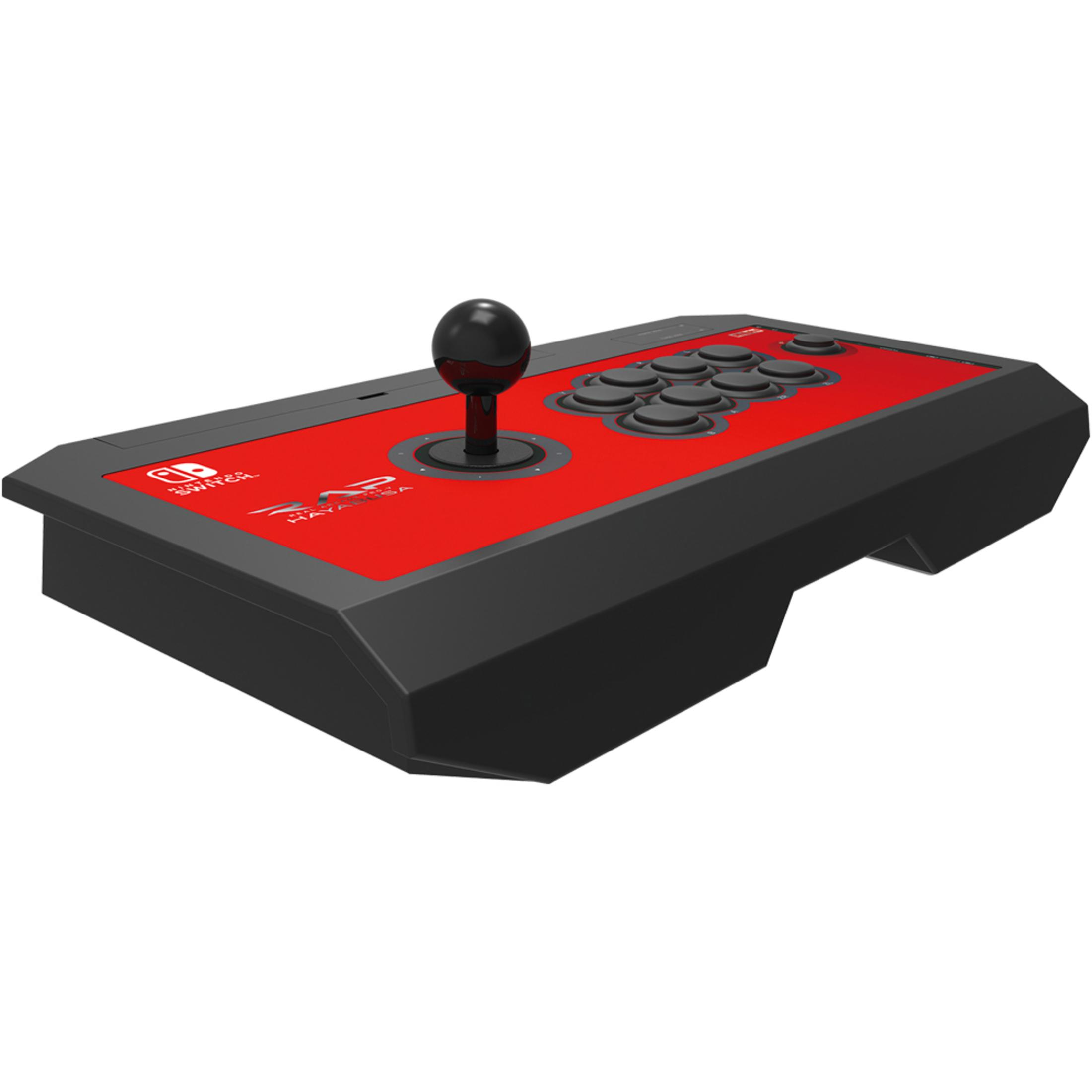 Czarny i czerwony kontroler arcade stick do gier.