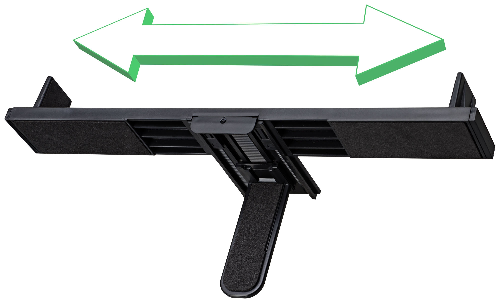 Czarny stojak z regulowanymi ramionami i zieloną strzałką wskazującą kierunek.