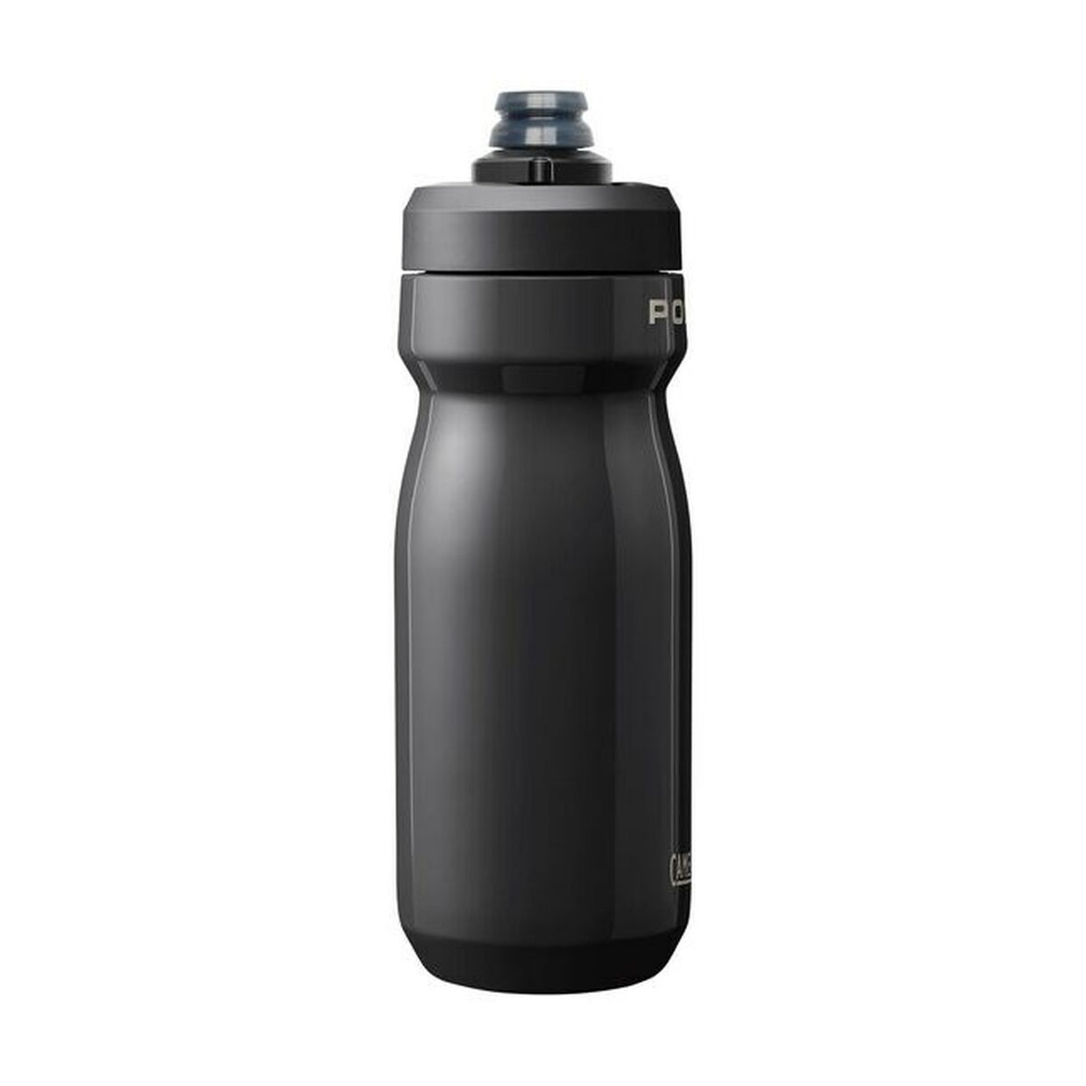 Schwarze Wasserflasche mit schwarzem Deckel, zylindrische Form mit glatter Oberfläche.