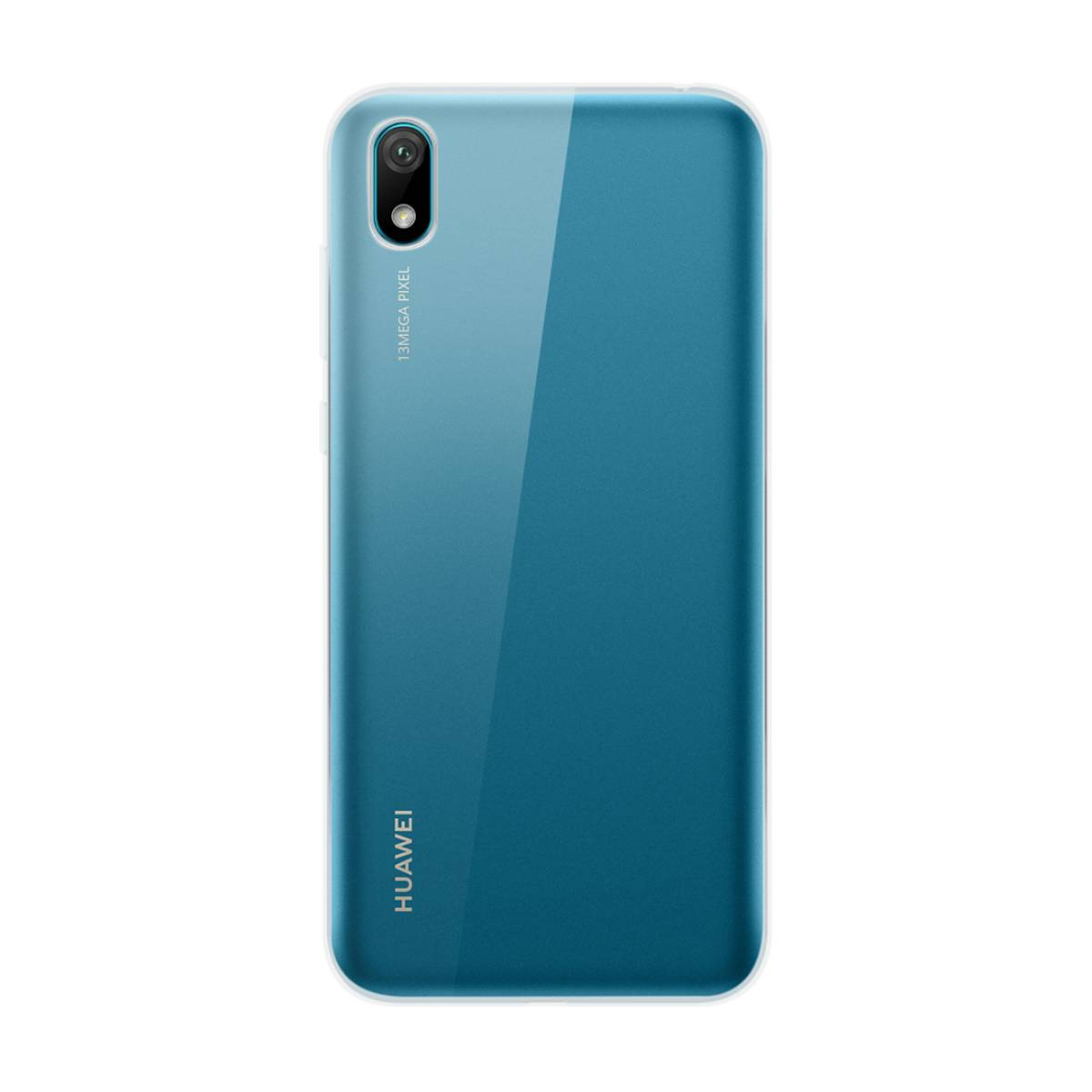 Un telefono blu-azzurro con una fotocamera a doppia lente. La parte posteriore è liscia e lucida.