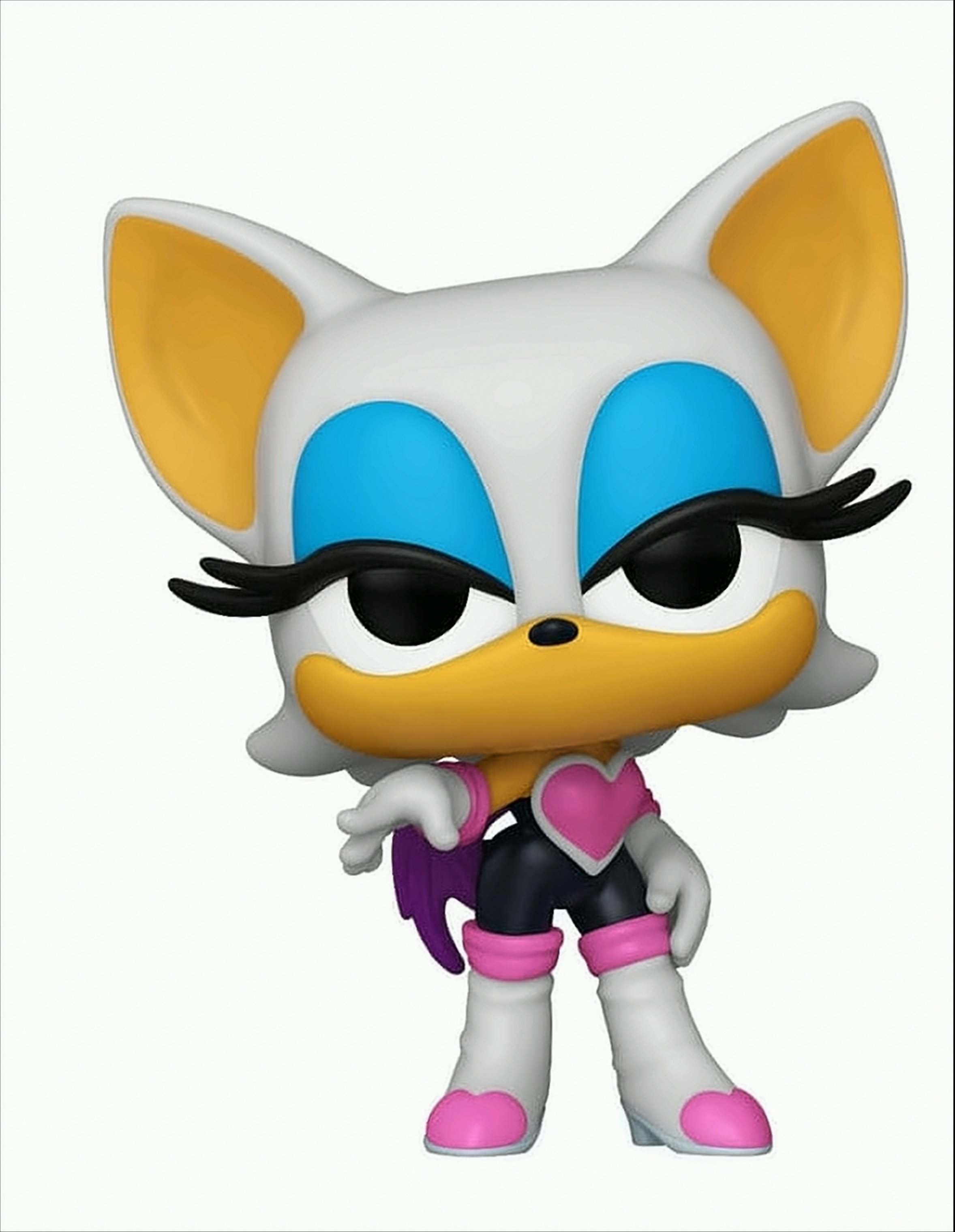 Rouge the Bat Figur. Sie hat weißes Fell, blaue Augen und rosa Stiefel. Sie posiert.
