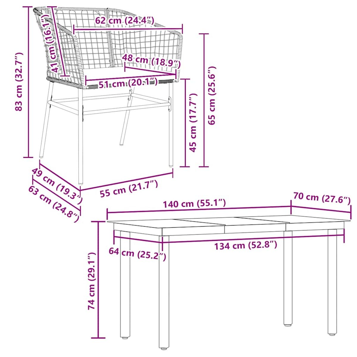 Diagramma di una sedia e un tavolo con misure. La sedia è in vimini e il tavolo rettangolare.