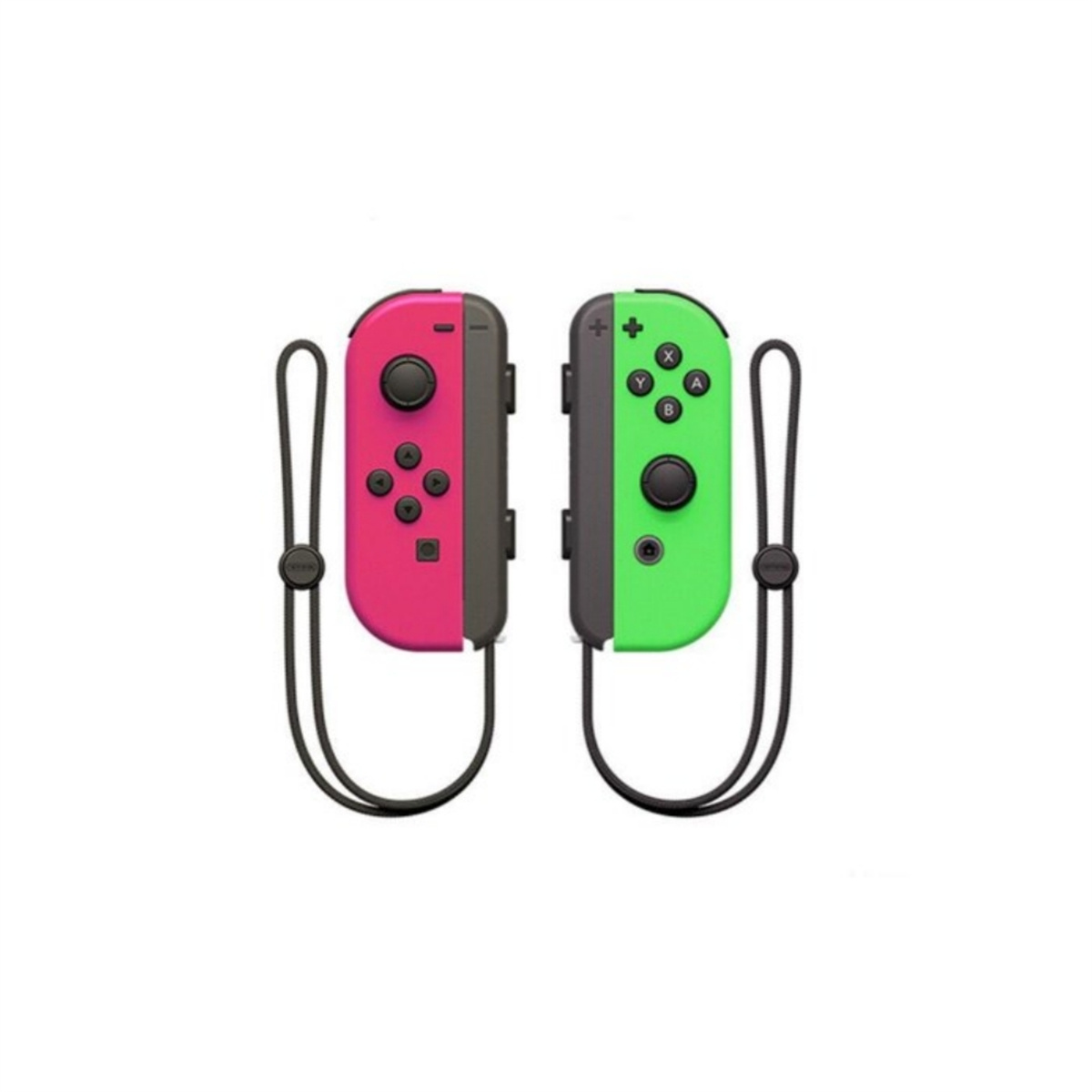 Zwei Nintendo Switch-Controller, einer pink und einer grün mit schwarzen Handschlaufen.