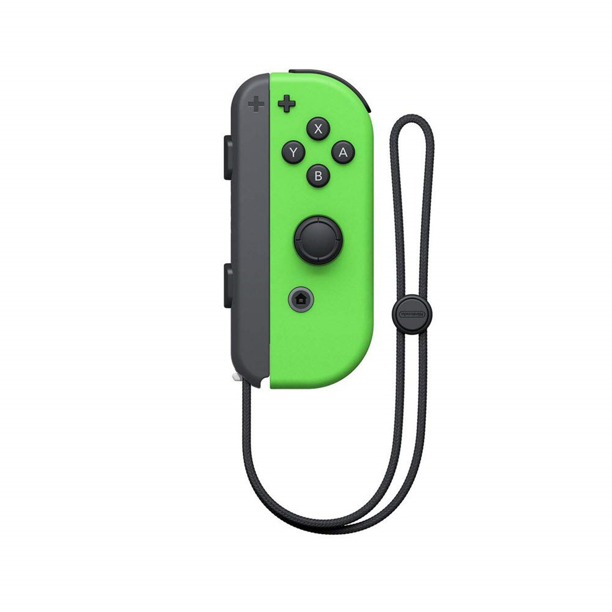 Grüner und grauer Nintendo Switch Joy-Con Controller mit Handschlaufe. Tasten sind sichtbar.