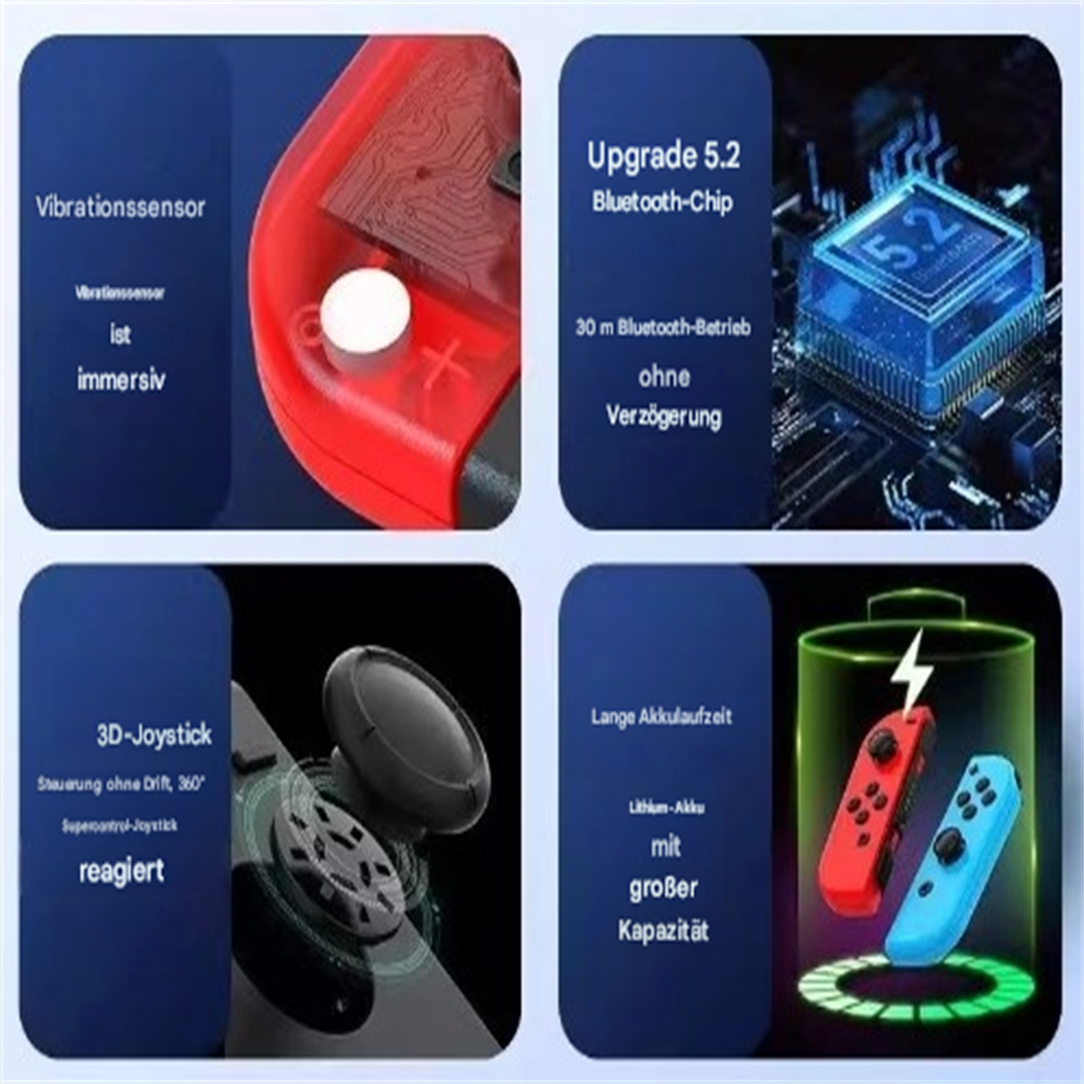 Diagramm mit Komponenten eines Gaming-Controllers: Vibrationssensor, Bluetooth-Chip, 3D-Joystick und Akku.