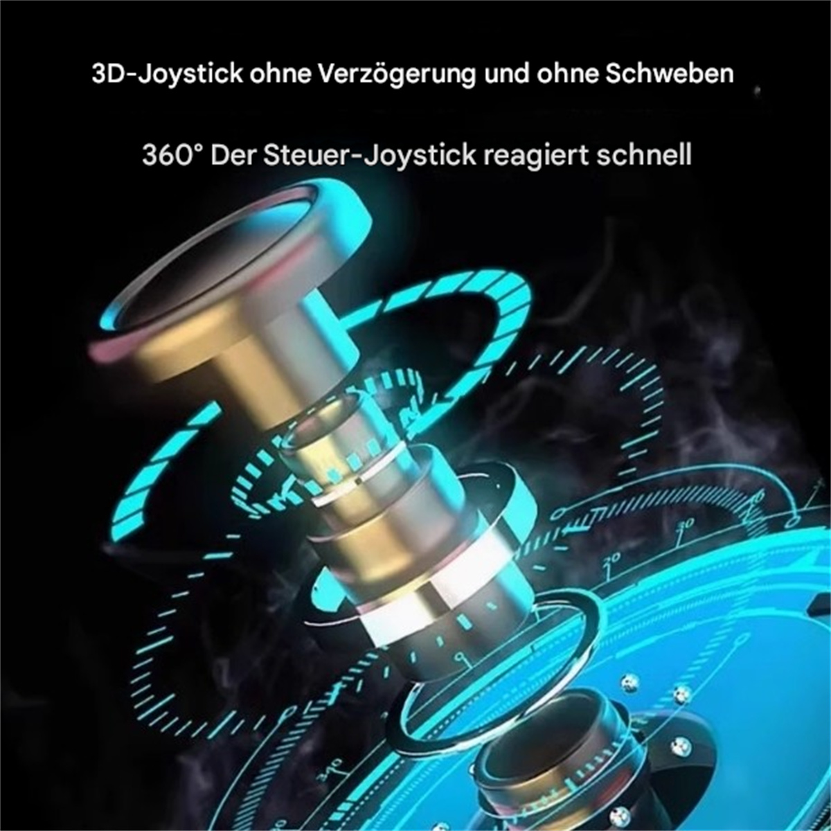 Nahaufnahme eines silber-goldenen 3D-Joystick-Geräts mit blauen Details und Text.
