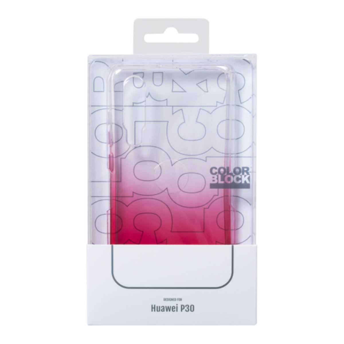 Una custodia trasparente per telefono in una scatola bianca con un design sfumato rosa, etichettata 'COLOR BLOCK'.