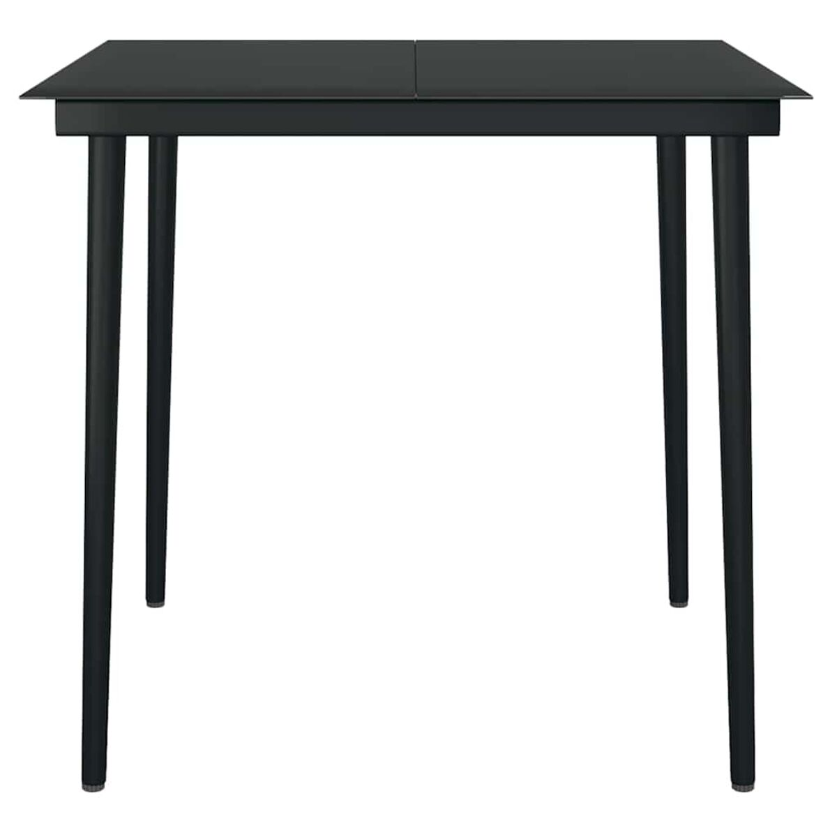 Ein schwarzer quadratischer Tisch mit schwarzen Beinen. Die obere Oberfläche hat eine glänzende Oberfläche.