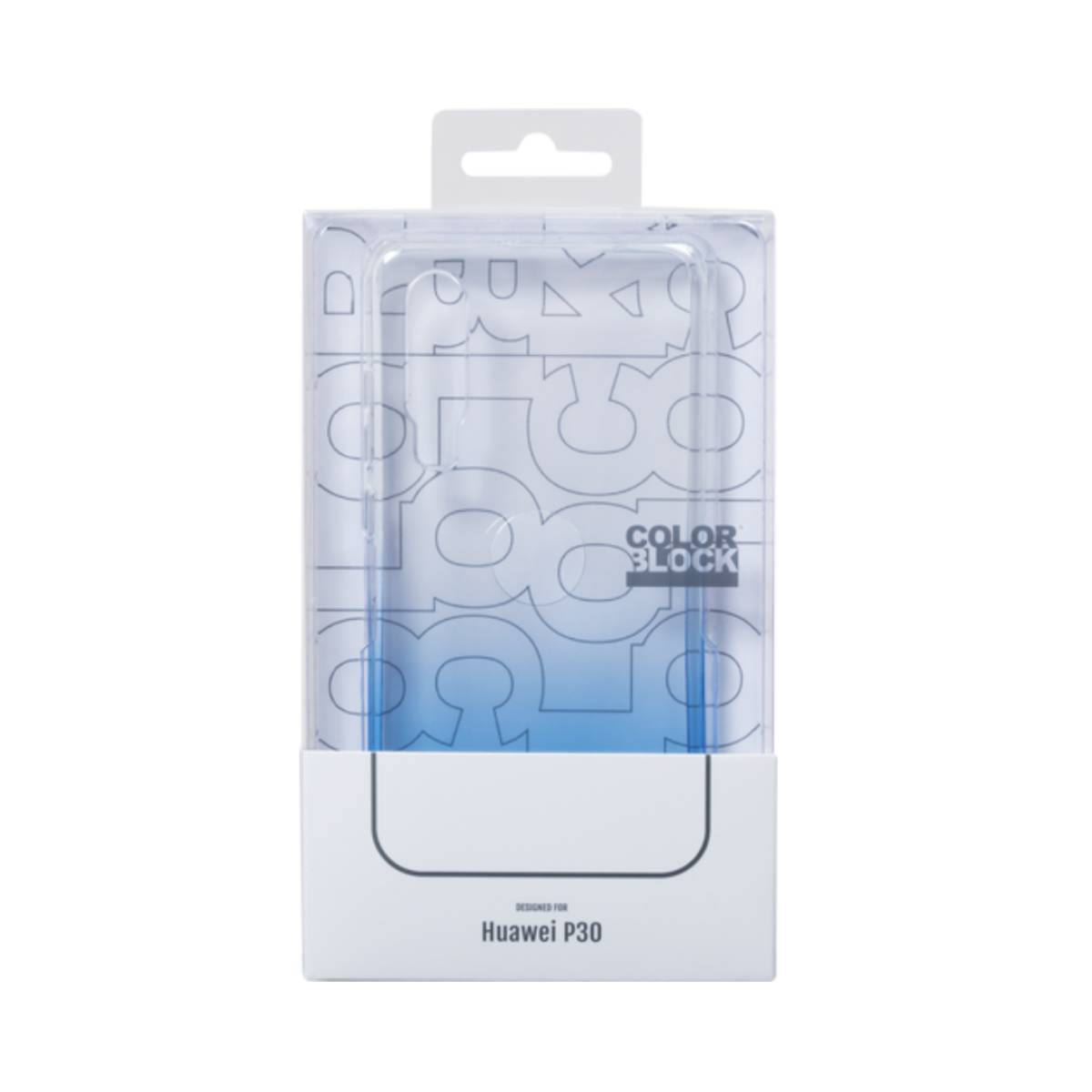 Una custodia trasparente per Huawei P30 in una confezione al dettaglio. La scatola ha un design blu e bianco.